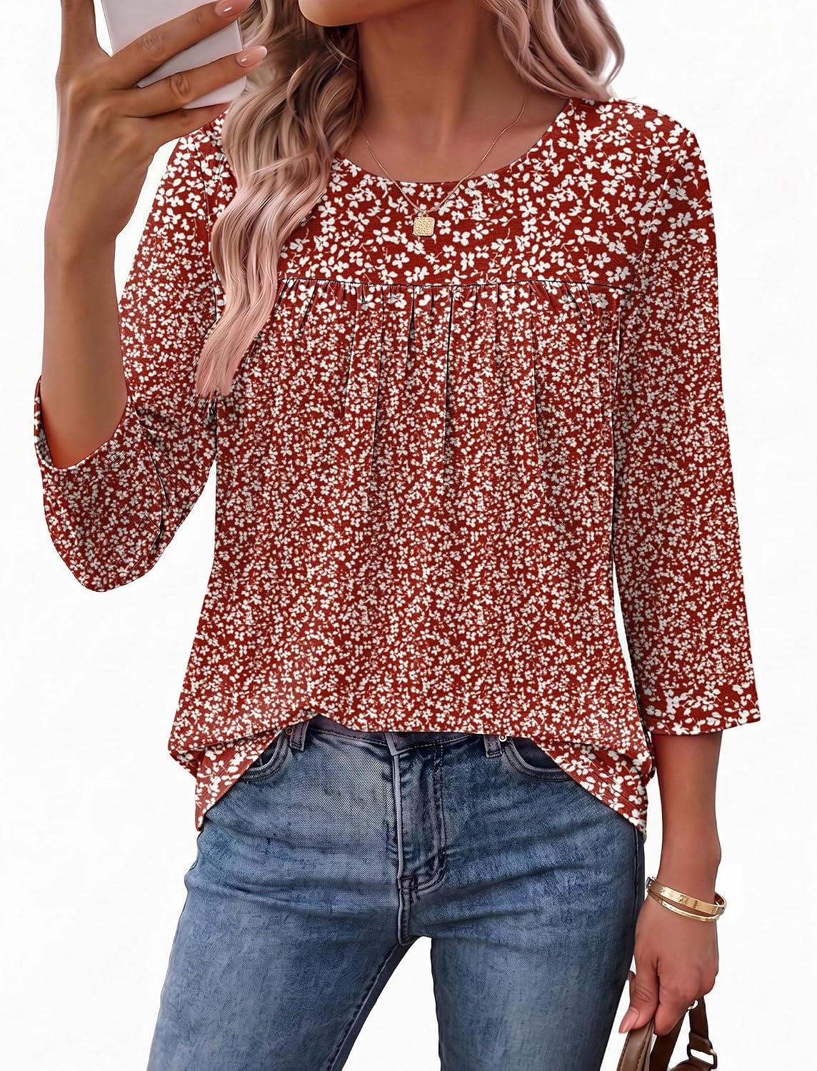 image:imageEkouaer Womens 34 Length Sleeve Tops Boho Blouses Casual Pleated ShirtsRed Flower