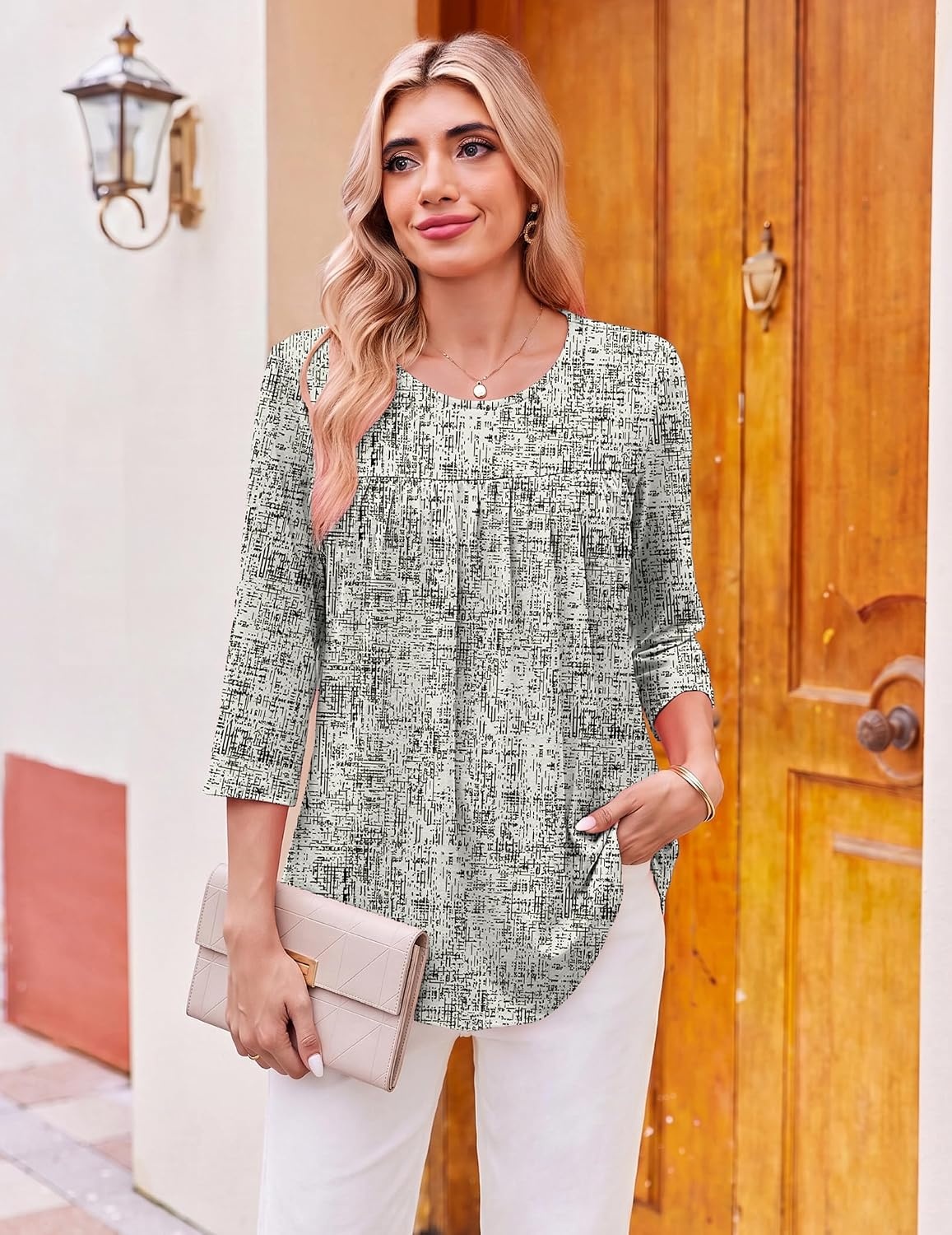 image:imageEkouaer Womens 34 Length Sleeve Tops Boho Blouses Casual Pleated ShirtsSketch Line