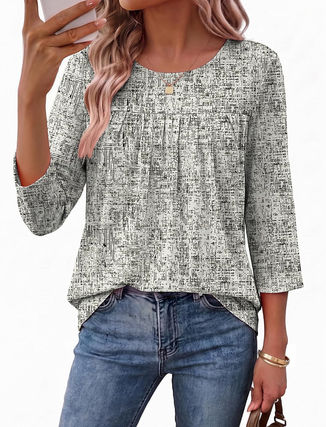image:imageEkouaer Womens 34 Length Sleeve Tops Boho Blouses Casual Pleated ShirtsSketch Line