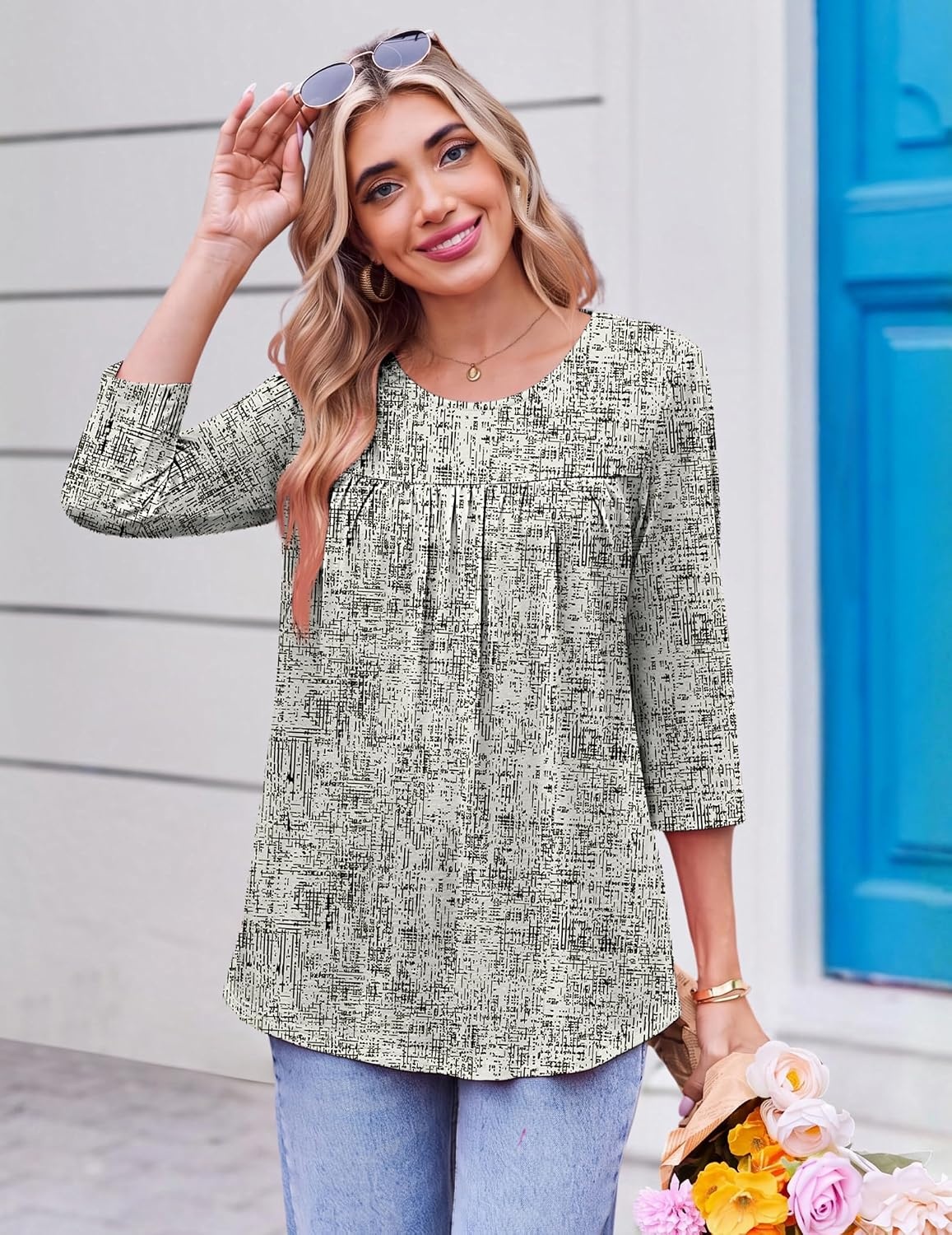 image:imageEkouaer Womens 34 Length Sleeve Tops Boho Blouses Casual Pleated ShirtsSketch Line
