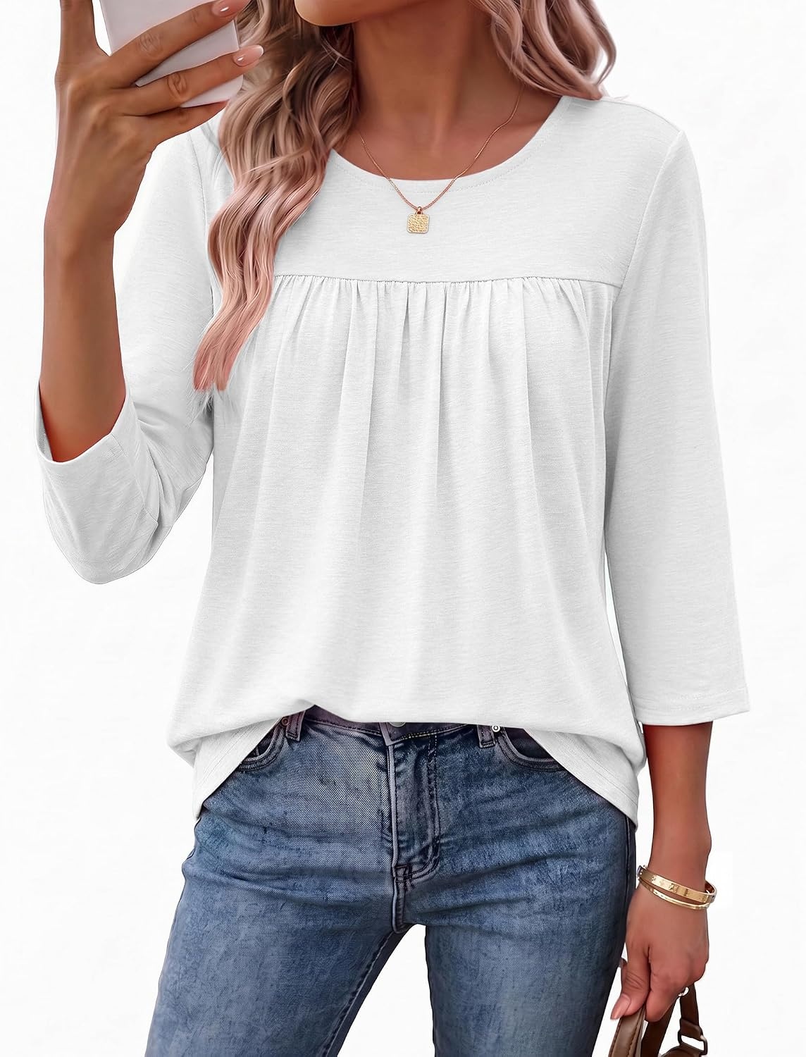 image:imageEkouaer Womens 34 Length Sleeve Tops Boho Blouses Casual Pleated ShirtsWhite