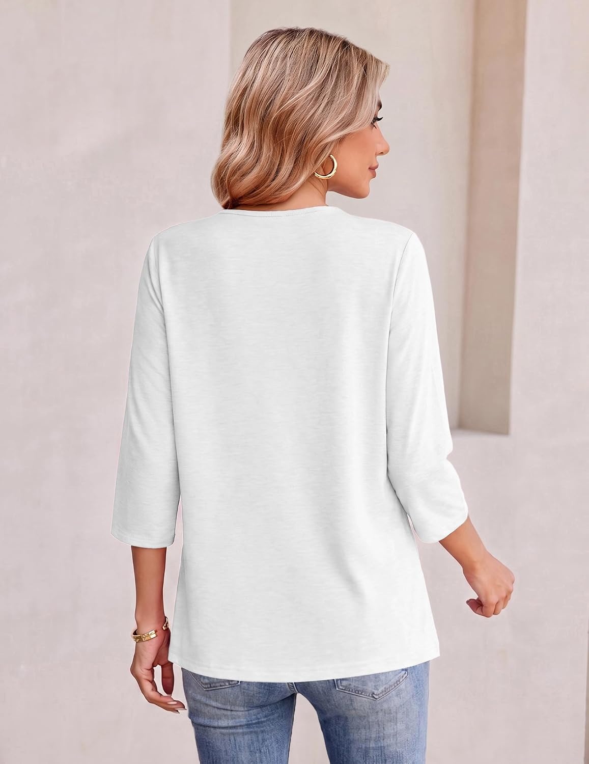 image:imageEkouaer Womens 34 Length Sleeve Tops Boho Blouses Casual Pleated ShirtsWhite