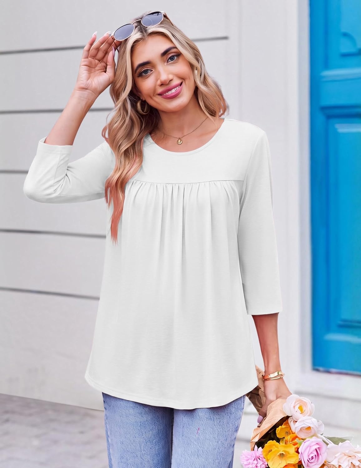 image:imageEkouaer Womens 34 Length Sleeve Tops Boho Blouses Casual Pleated ShirtsWhite