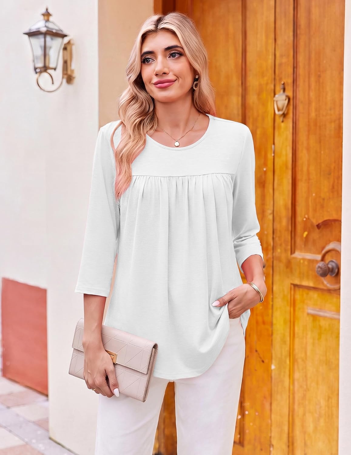 image:imageEkouaer Womens 34 Length Sleeve Tops Boho Blouses Casual Pleated ShirtsWhite