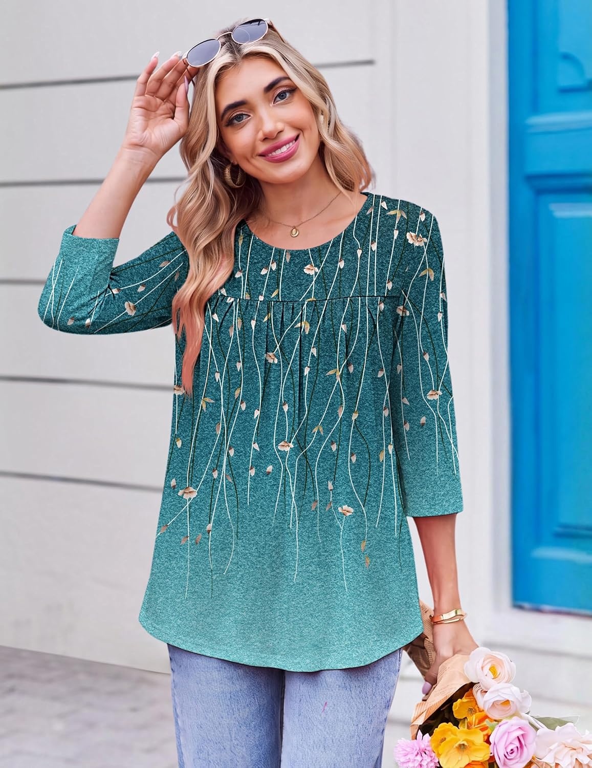 image:imageEkouaer Womens 34 Length Sleeve Tops Boho Blouses Casual Pleated ShirtsWillow Flower
