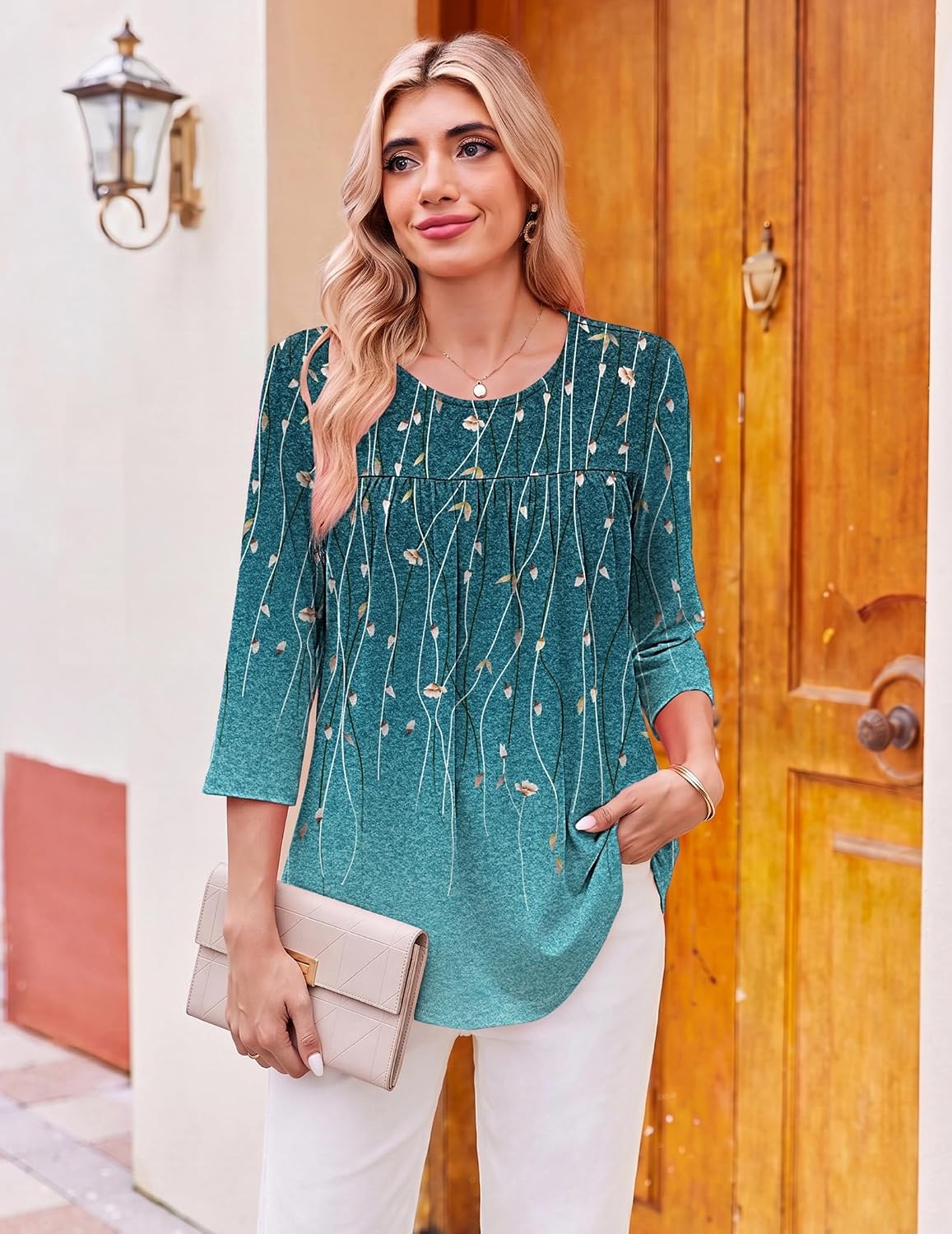 image:imageEkouaer Womens 34 Length Sleeve Tops Boho Blouses Casual Pleated ShirtsWillow Flower