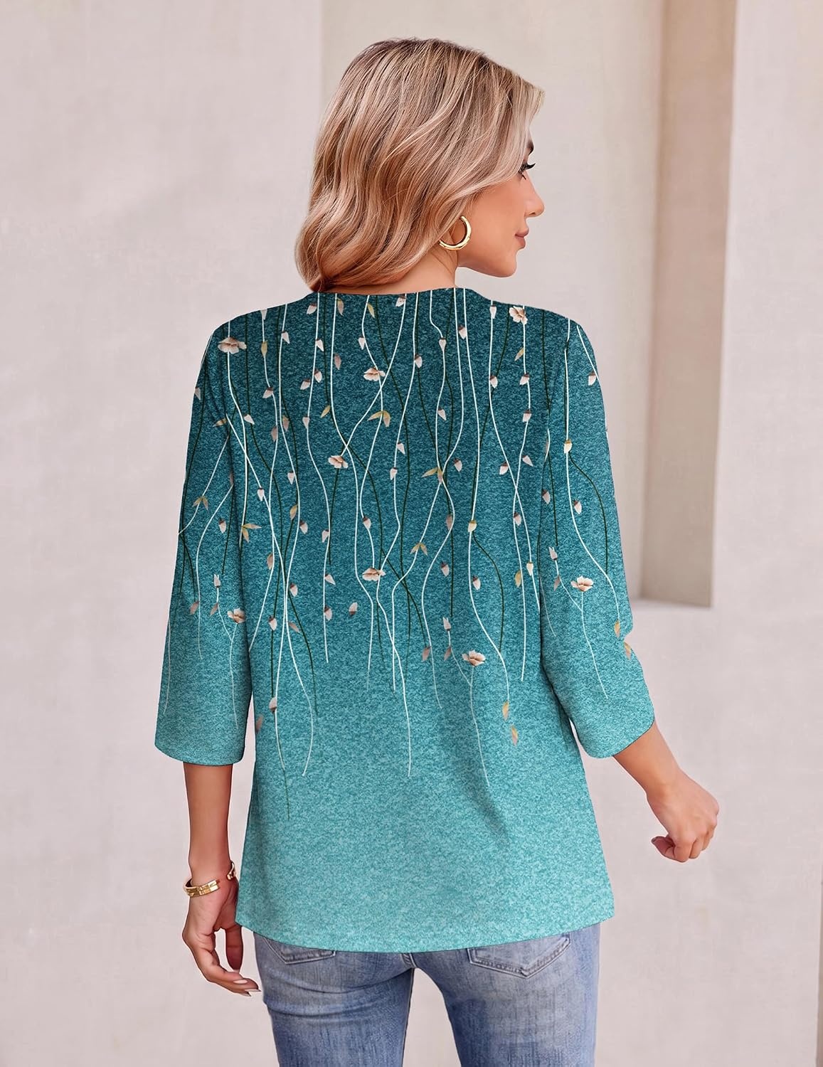 image:imageEkouaer Womens 34 Length Sleeve Tops Boho Blouses Casual Pleated ShirtsWillow Flower