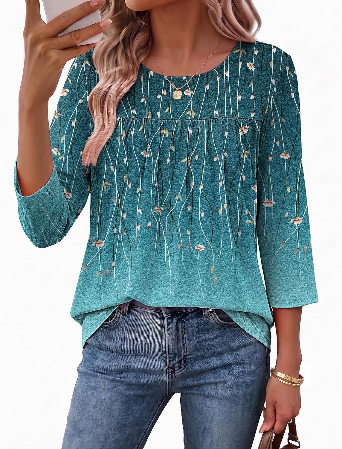 image:imageEkouaer Womens 34 Length Sleeve Tops Boho Blouses Casual Pleated ShirtsWillow Flower