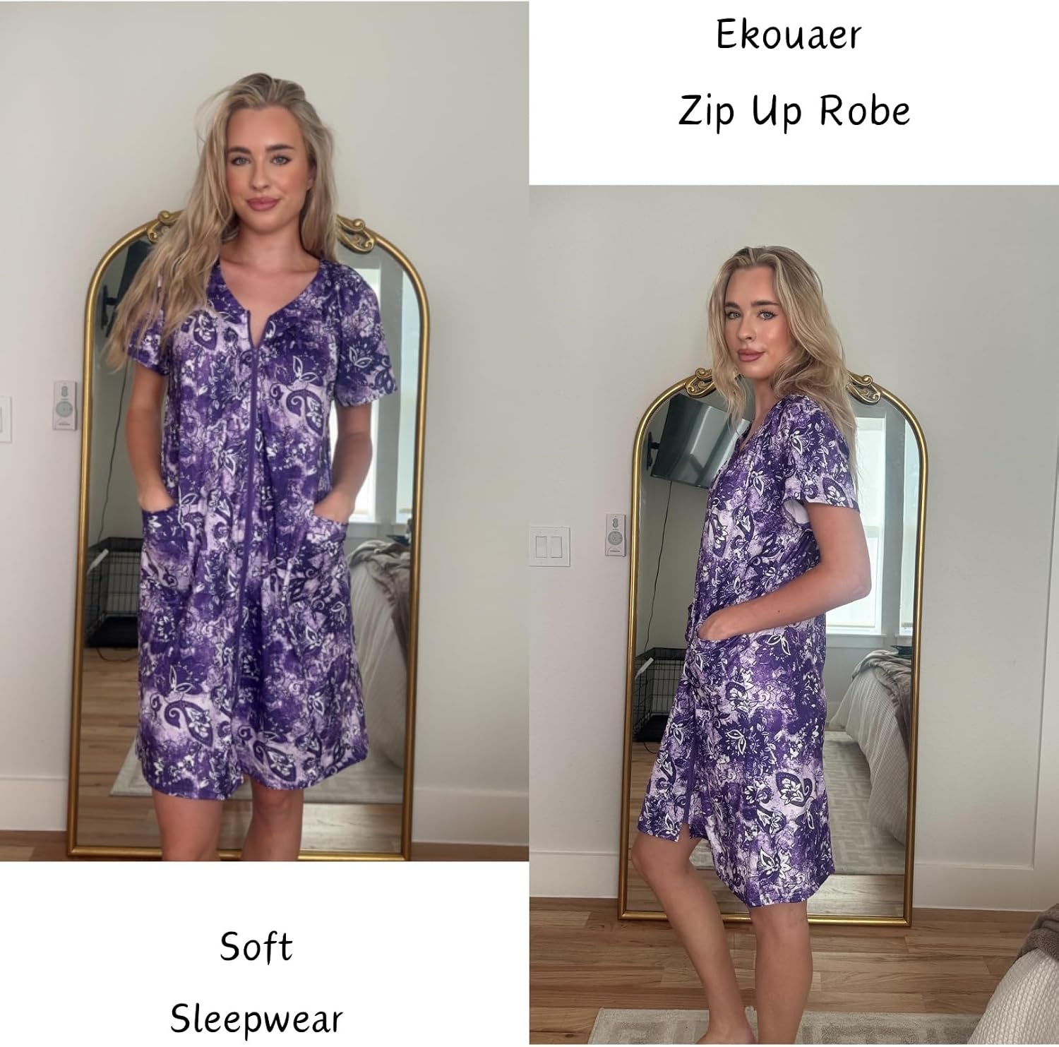 image:imageEkouaer Womens Zipper Front Mumu Duster Robes with Pockets Soft HousecoatA Floral Purple