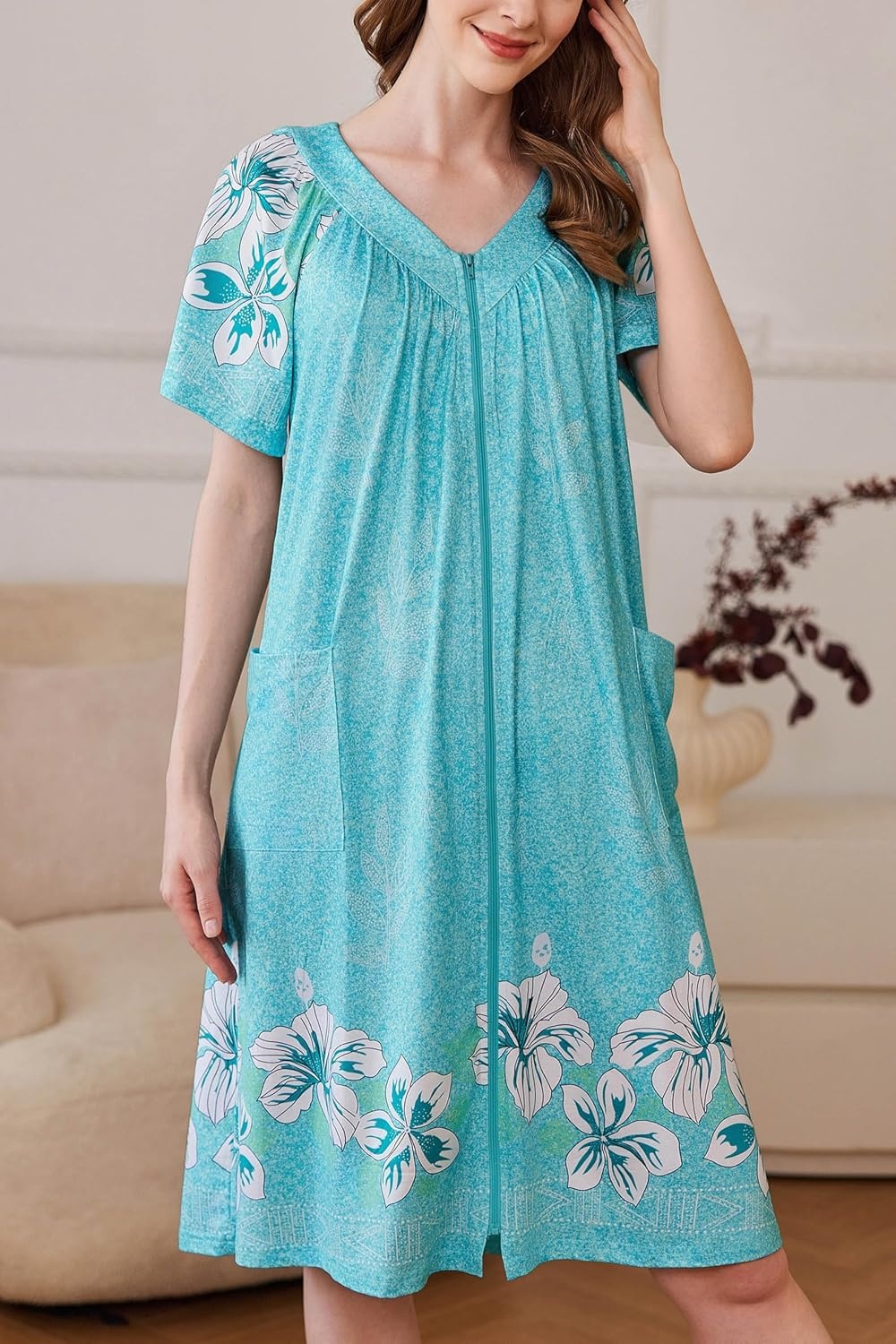 image:imageEkouaer Womens Zipper Front Mumu Duster Robes with Pockets Soft HousecoatA Green Floral
