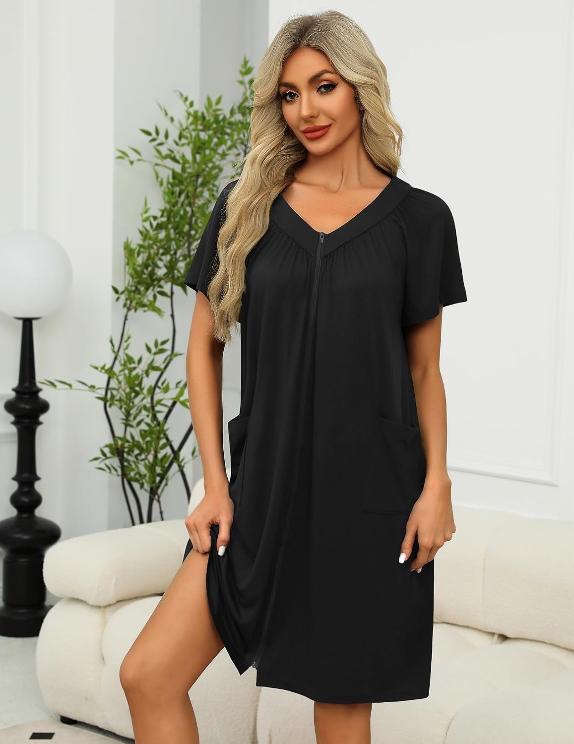image:imageEkouaer Womens Zipper Front Mumu Duster Robes with Pockets Soft HousecoatBlack