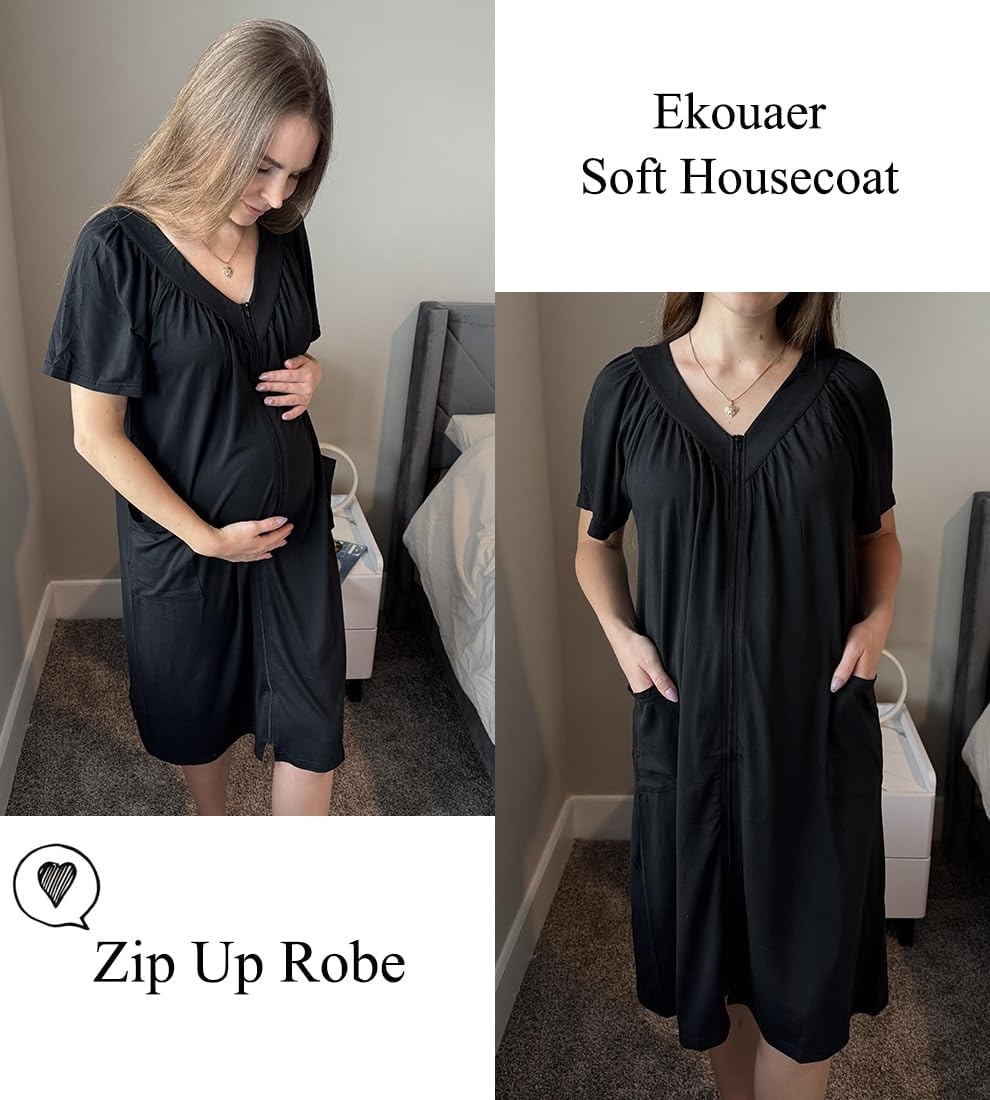 image:imageEkouaer Womens Zipper Front Mumu Duster Robes with Pockets Soft HousecoatBlack