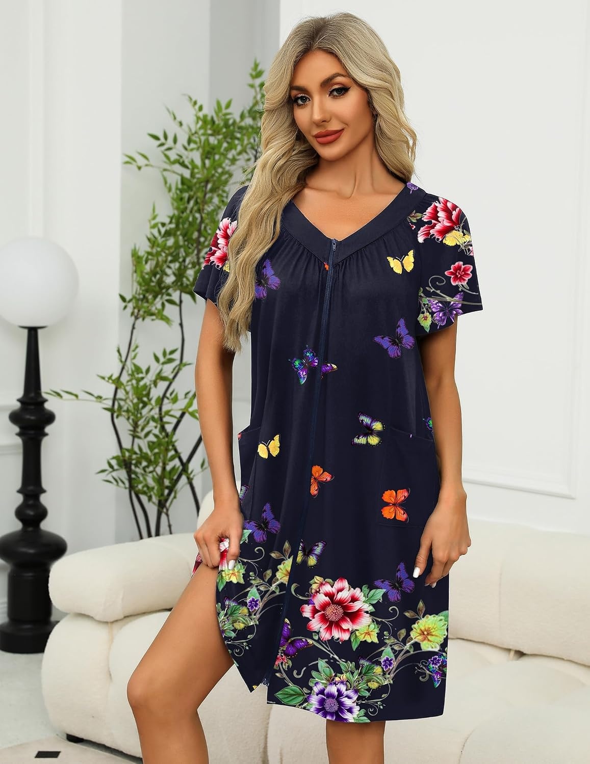 image:imageEkouaer Womens Zipper Front Mumu Duster Robes with Pockets Soft HousecoatColorful Butterfly
