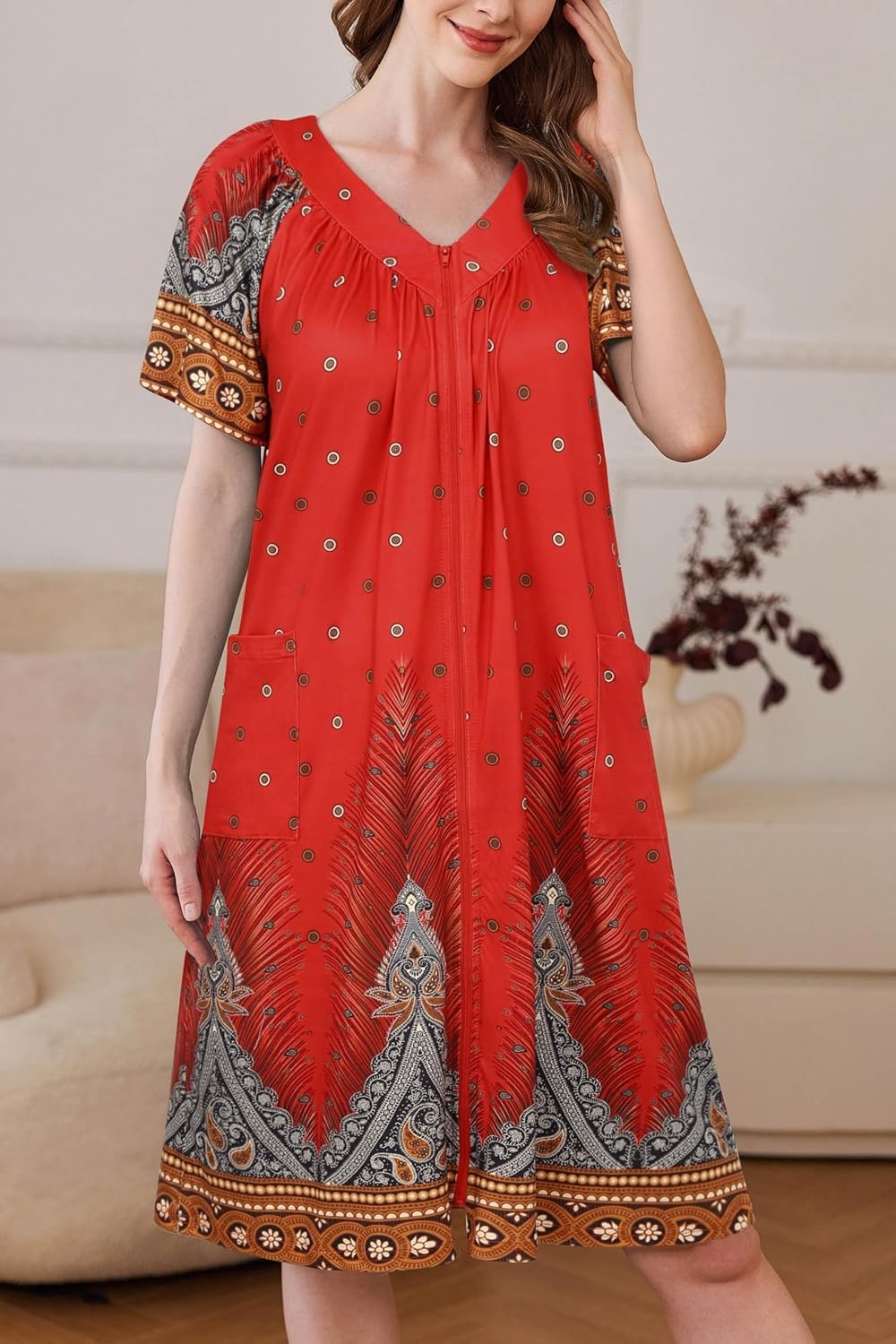 image:imageEkouaer Womens Zipper Front Mumu Duster Robes with Pockets Soft HousecoatFeather Red