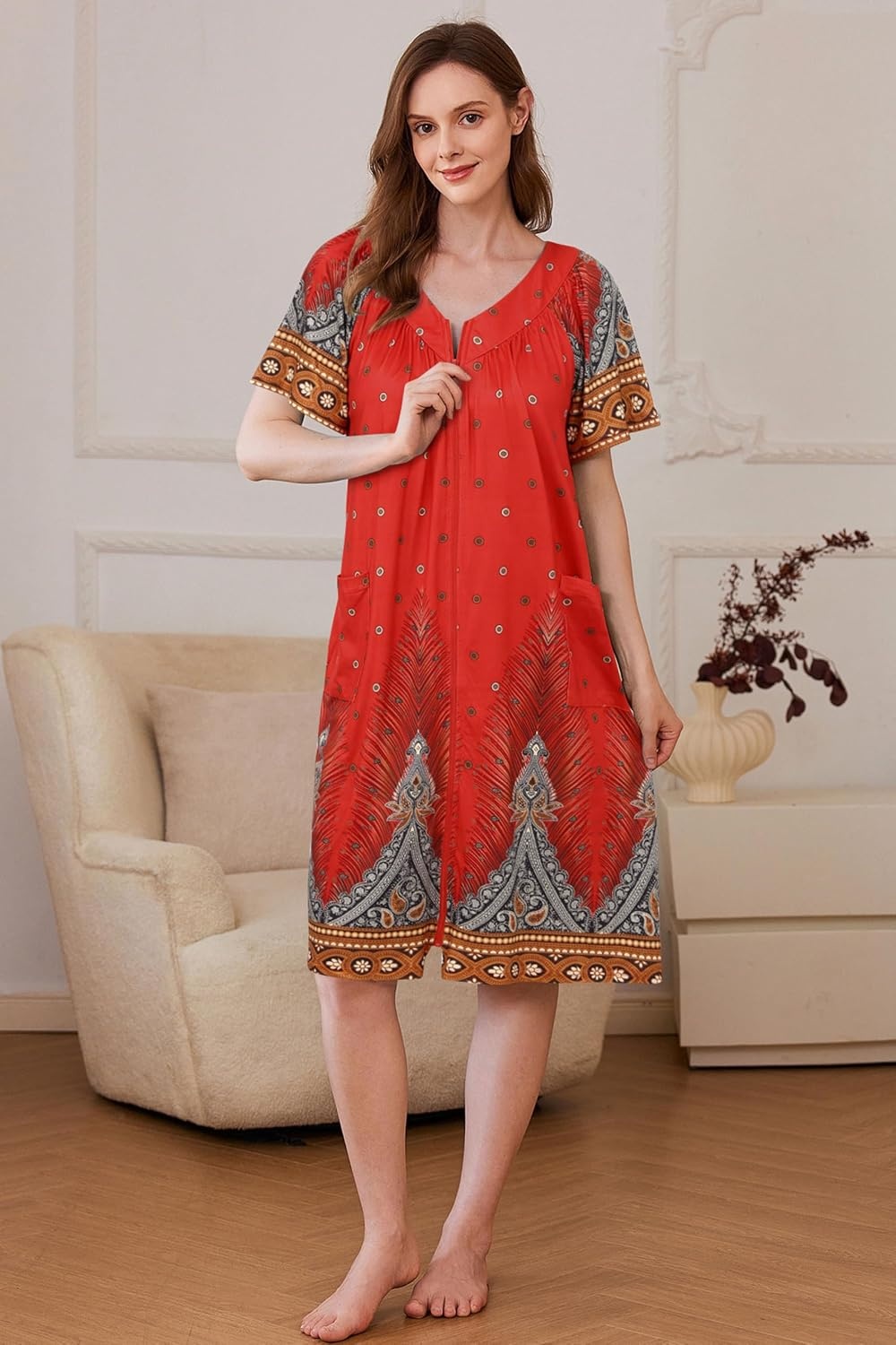 image:imageEkouaer Womens Zipper Front Mumu Duster Robes with Pockets Soft HousecoatFeather Red