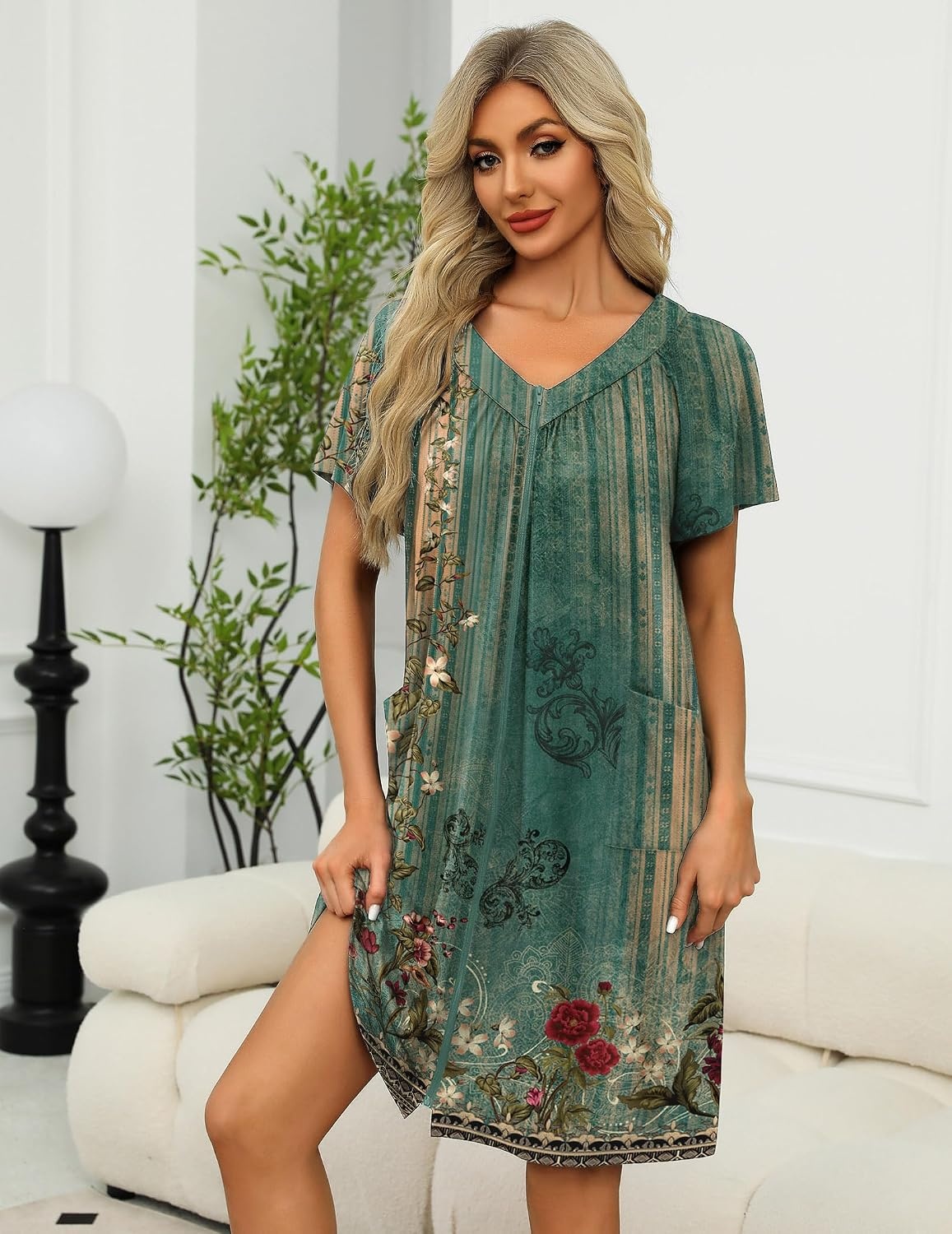 image:imageEkouaer Womens Zipper Front Mumu Duster Robes with Pockets Soft HousecoatGreen Ethnic Floral