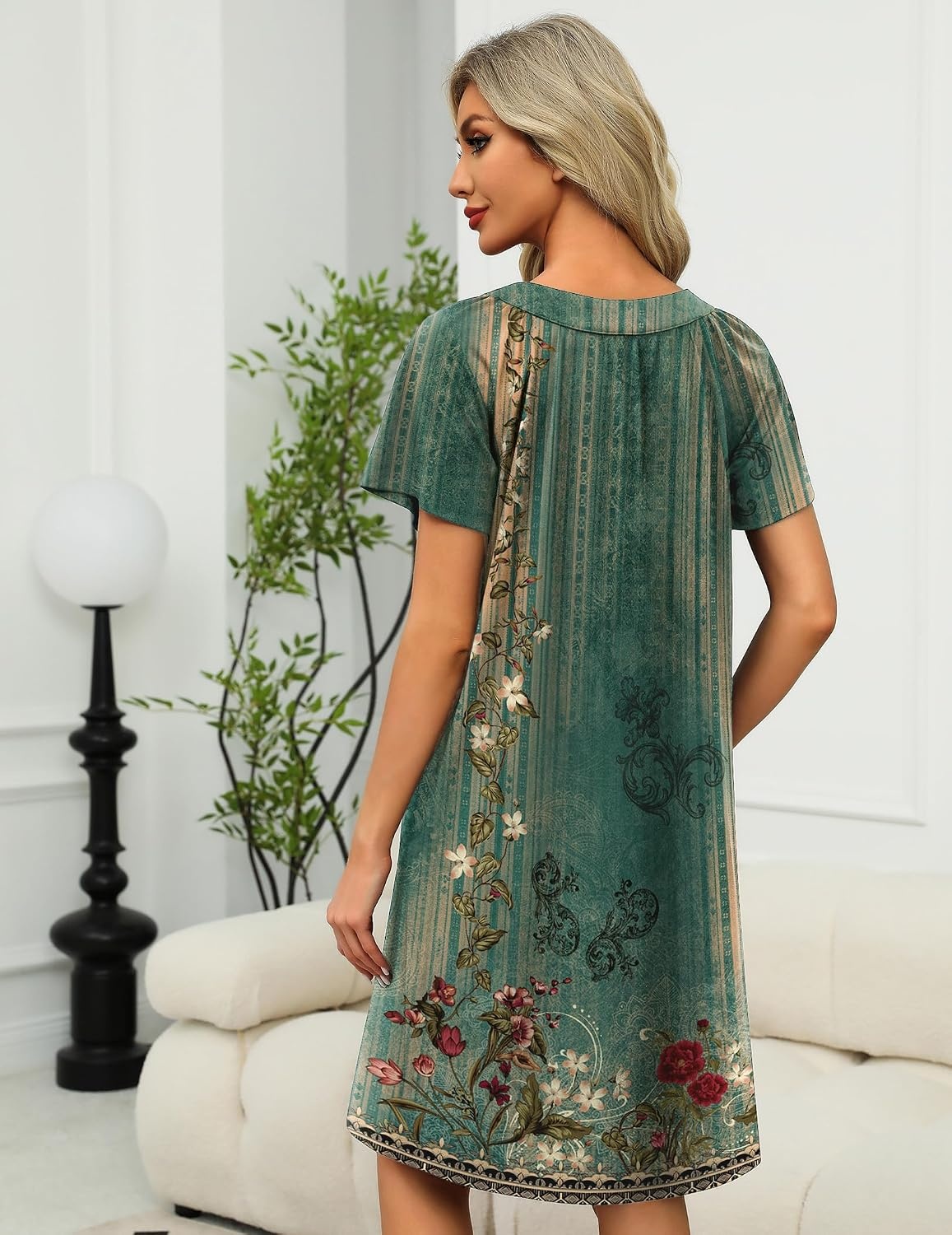 image:imageEkouaer Womens Zipper Front Mumu Duster Robes with Pockets Soft HousecoatGreen Ethnic Floral