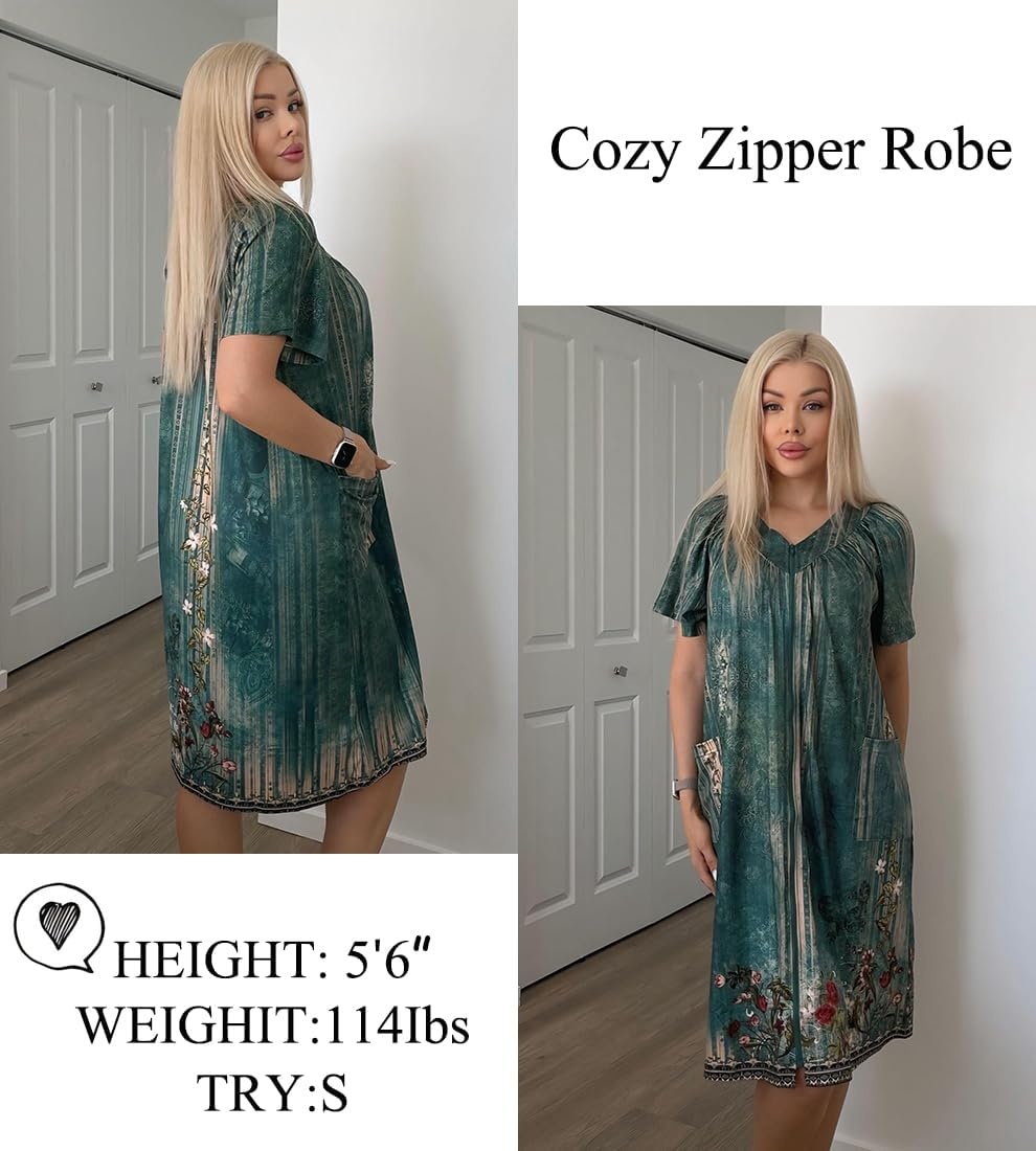 image:imageEkouaer Womens Zipper Front Mumu Duster Robes with Pockets Soft HousecoatGreen Ethnic Floral