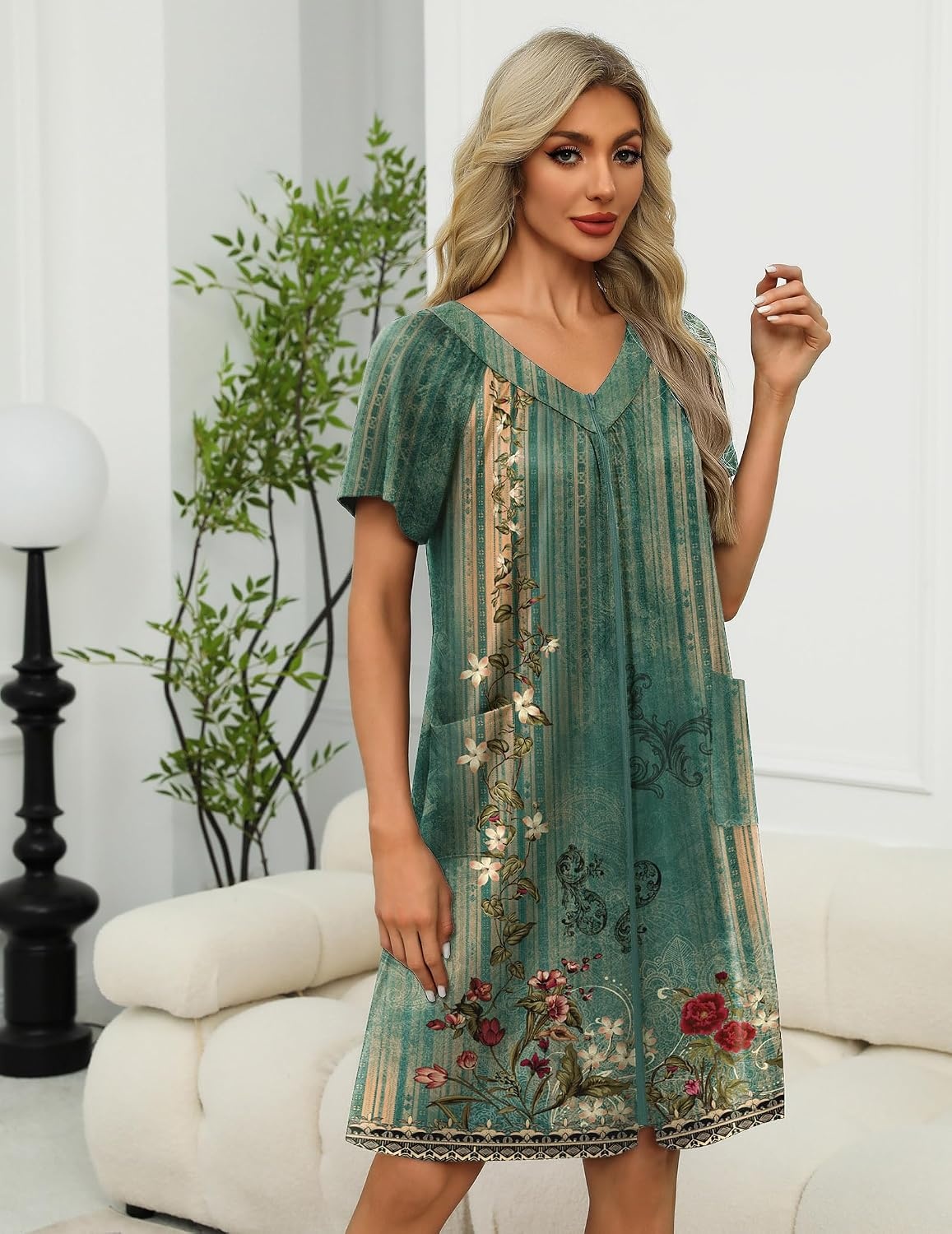 image:imageEkouaer Womens Zipper Front Mumu Duster Robes with Pockets Soft HousecoatGreen Ethnic Floral