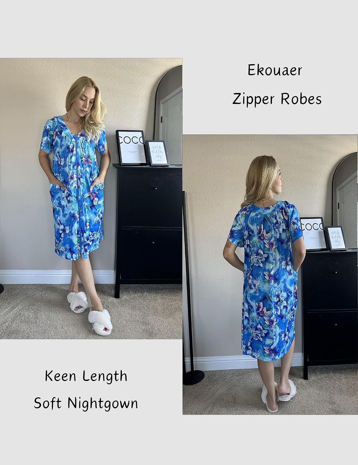 image:imageEkouaer Womens Zipper Front Mumu Duster Robes with Pockets Soft HousecoatMulti Aqua