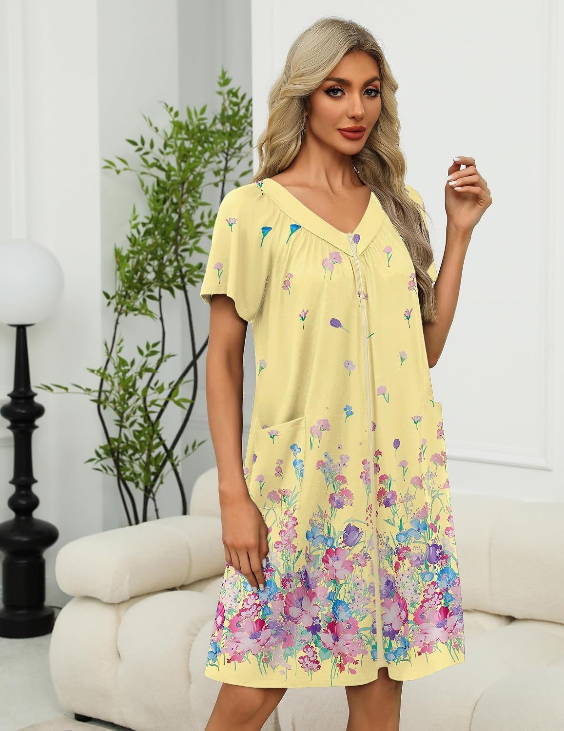 image:imageEkouaer Womens Zipper Front Mumu Duster Robes with Pockets Soft HousecoatYellow Floral