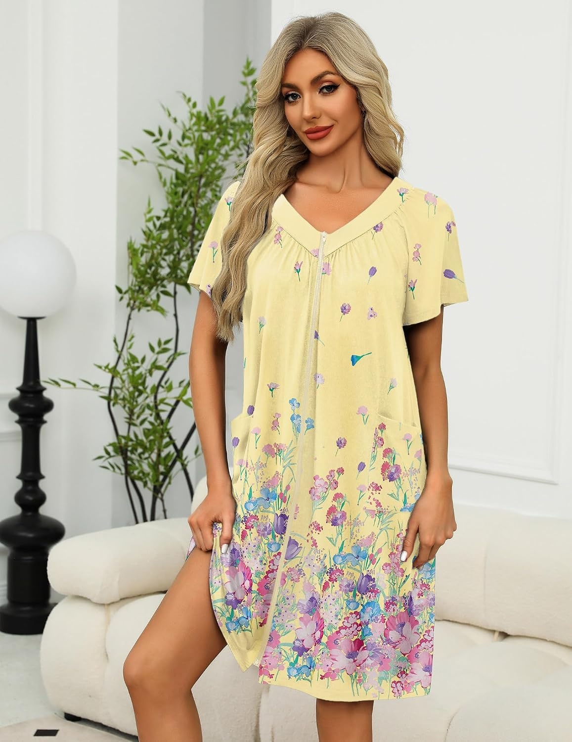 image:imageEkouaer Womens Zipper Front Mumu Duster Robes with Pockets Soft HousecoatYellow Floral