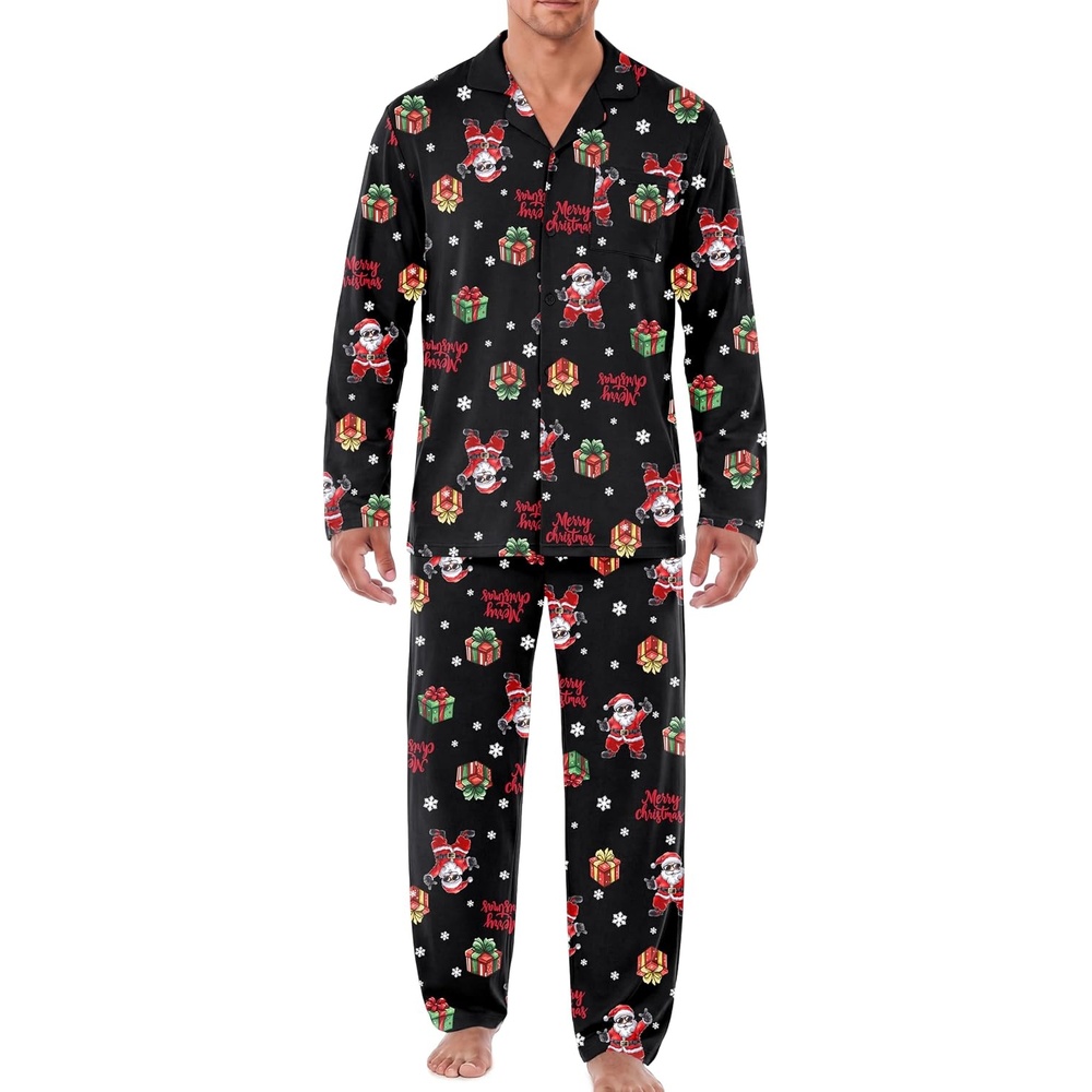 image:imageEkouaer Mens Pajamas Set Long Sleeve Button Down Pjs Long Pants with PocketBlack Christmas Pattern