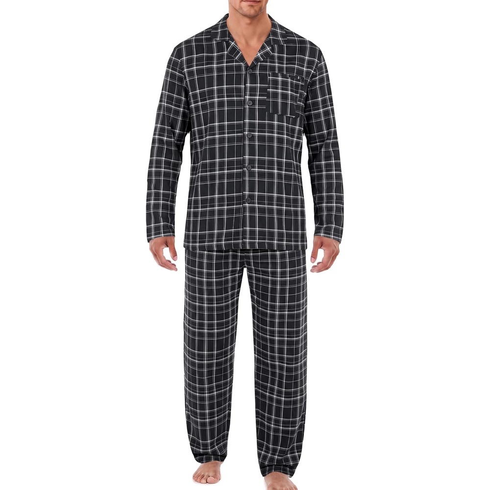 image:imageEkouaer Mens Pajamas Set Long Sleeve Button Down Pjs Long Pants with PocketBlack Plaid