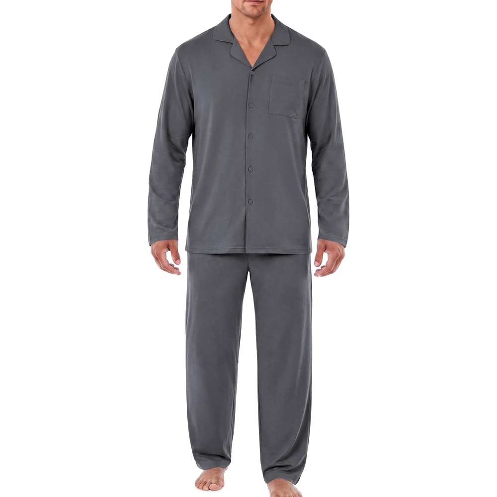 image:imageEkouaer Mens Pajamas Set Long Sleeve Button Down Pjs Long Pants with PocketDeep Gray