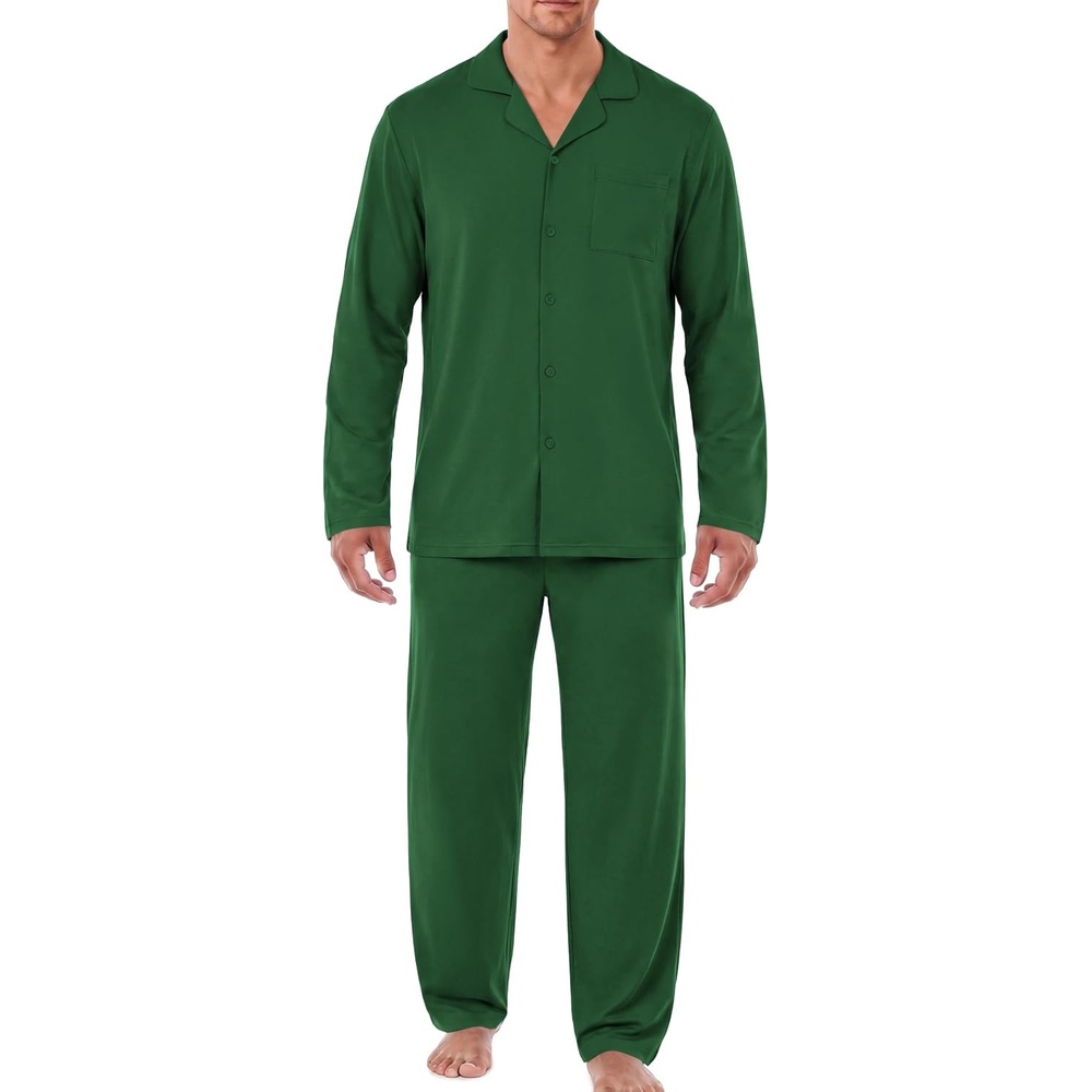 image:imageEkouaer Mens Pajamas Set Long Sleeve Button Down Pjs Long Pants with PocketGreen
