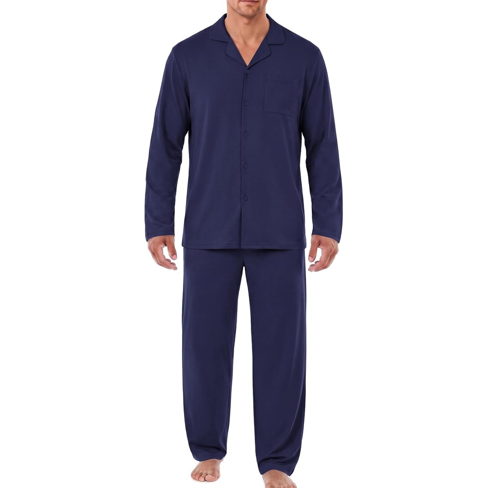 image:imageEkouaer Mens Pajamas Set Long Sleeve Button Down Pjs Long Pants with PocketNavy Blue