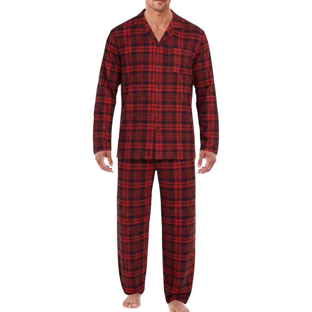 image:imageEkouaer Mens Pajamas Set Long Sleeve Button Down Pjs Long Pants with PocketRed Plaid1
