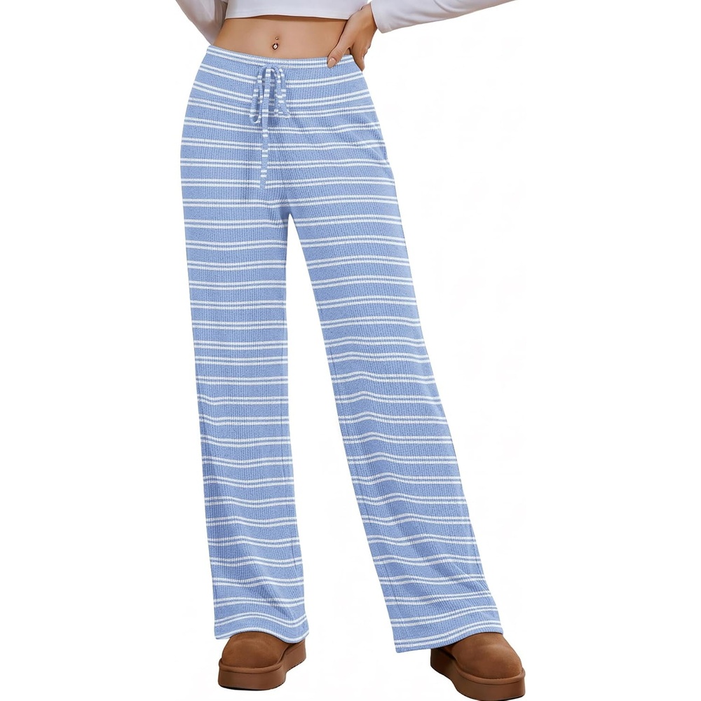 image:imageEkouaer Women Pajama Pants 2026 Knit Ribbed PJ Bottom Sleep Lounge PantBlue and White Stripe