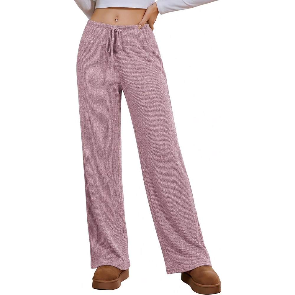 image:imageEkouaer Women Pajama Pants 2026 Knit Ribbed PJ Bottom Sleep Lounge PantDark Pink