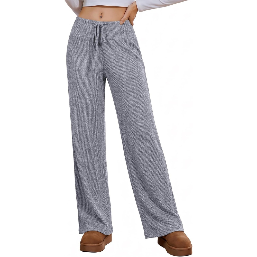 image:imageEkouaer Women Pajama Pants 2026 Knit Ribbed PJ Bottom Sleep Lounge PantLight Grey