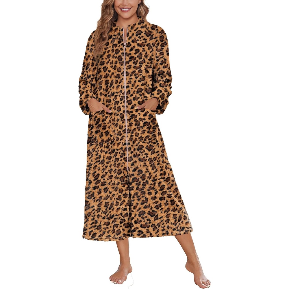 image:imageEkouaer Women Zip Up Robe Fleece Long Sleeves Soft Housecoat with PocketsLeopard Print