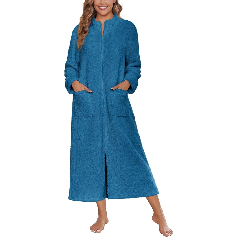 image:imageEkouaer Women Zip Up Robe Fleece Long Sleeves Soft Housecoat with PocketsSea Blue