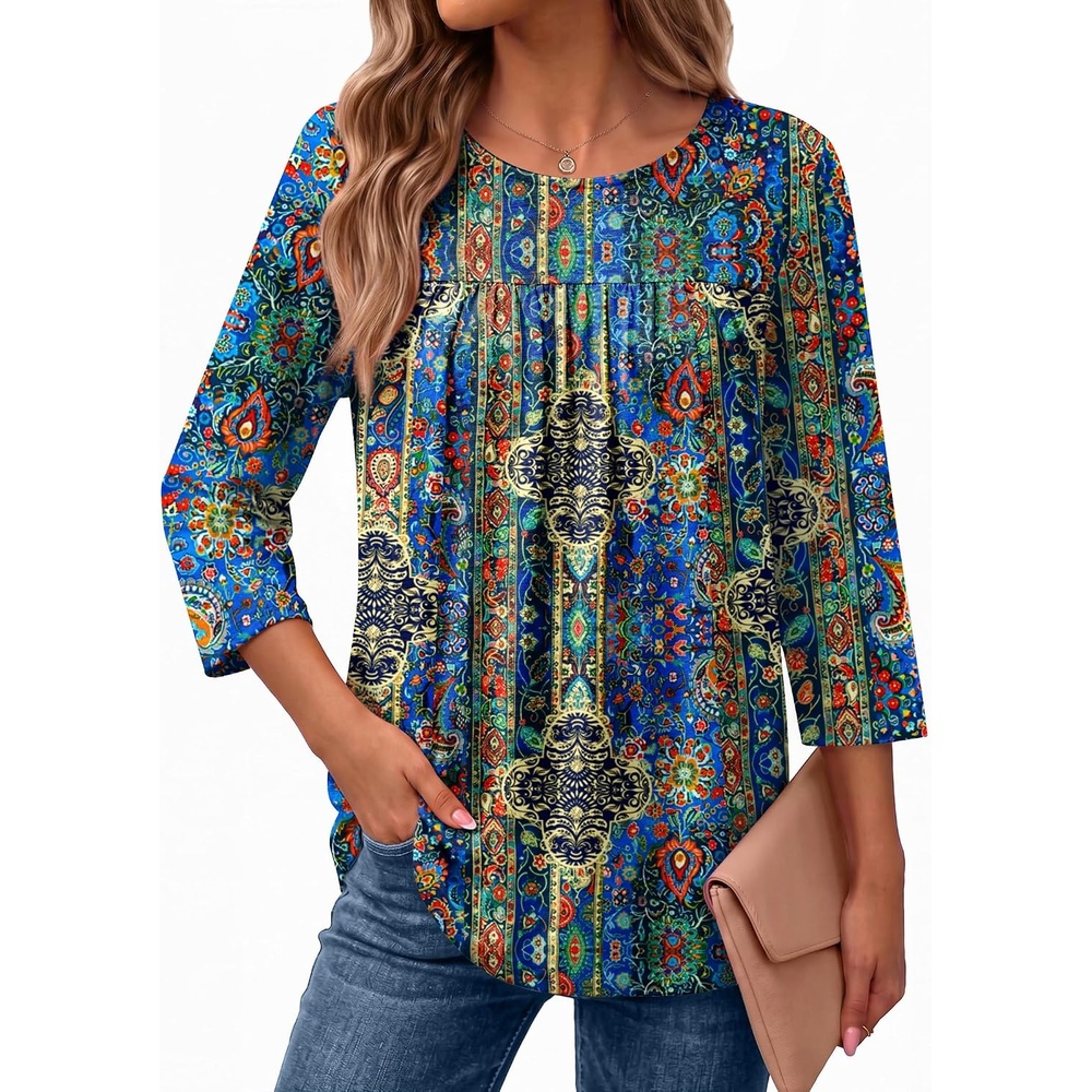 image:imageEkouaer Womens 34 Length Sleeve Tops Boho Blouses Casual Pleated ShirtsBoho