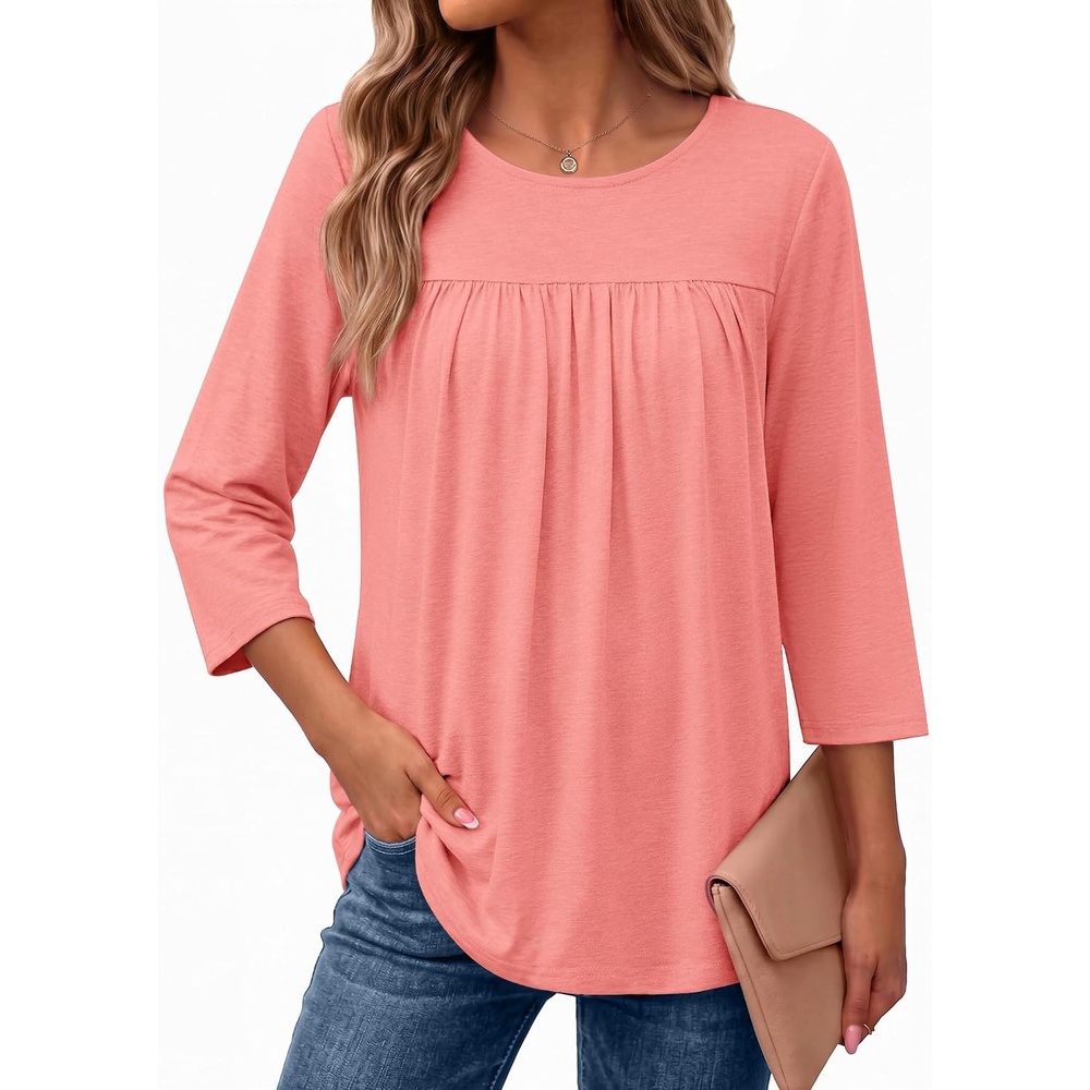 image:imageEkouaer Womens 34 Length Sleeve Tops Boho Blouses Casual Pleated ShirtsCoral