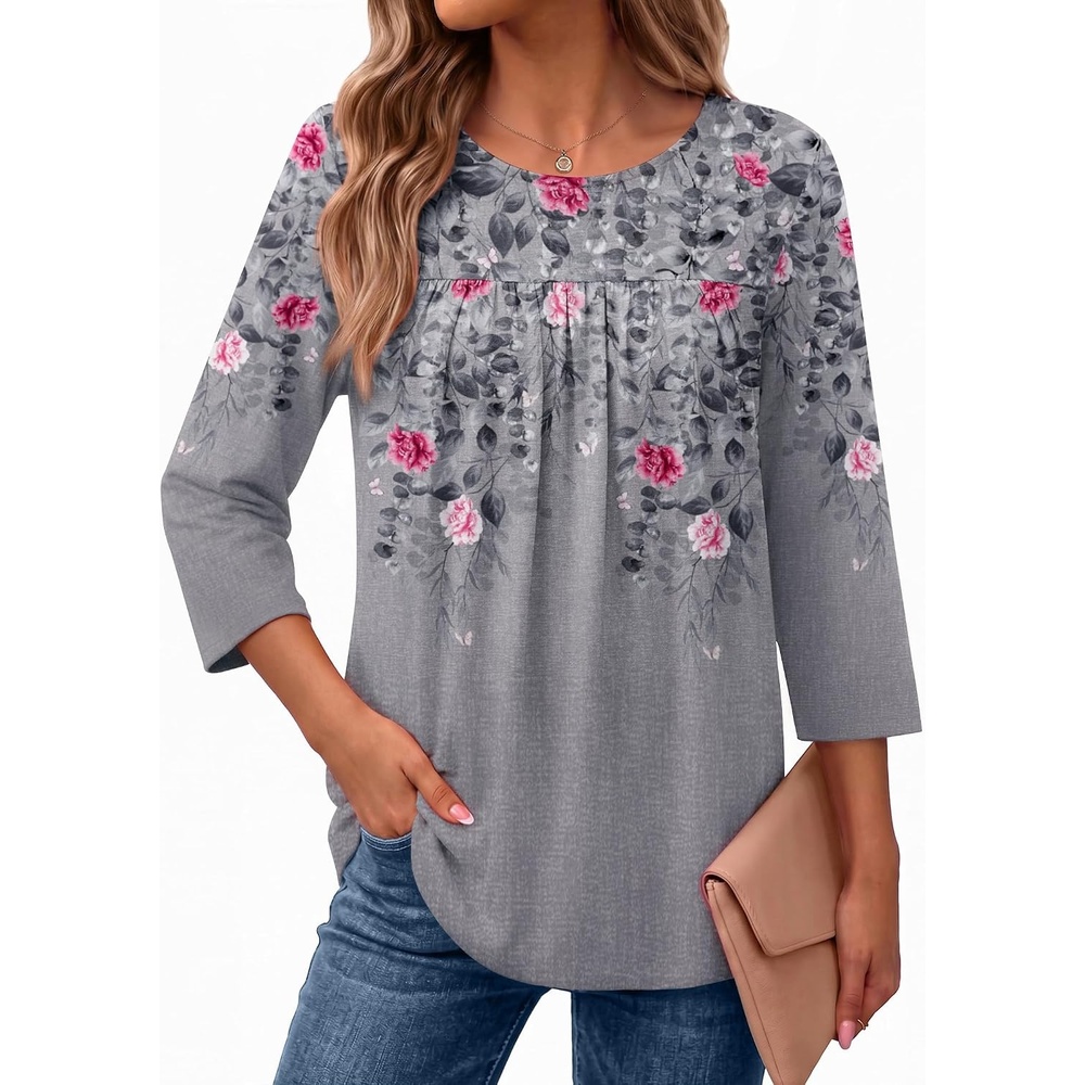 image:imageEkouaer Womens 34 Length Sleeve Tops Boho Blouses Casual Pleated ShirtsGray Flower