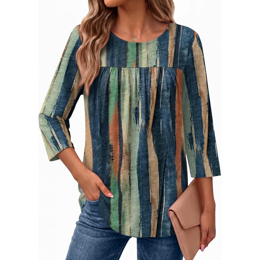 image:imageEkouaer Womens 34 Length Sleeve Tops Boho Blouses Casual Pleated ShirtsMulticolor Strips