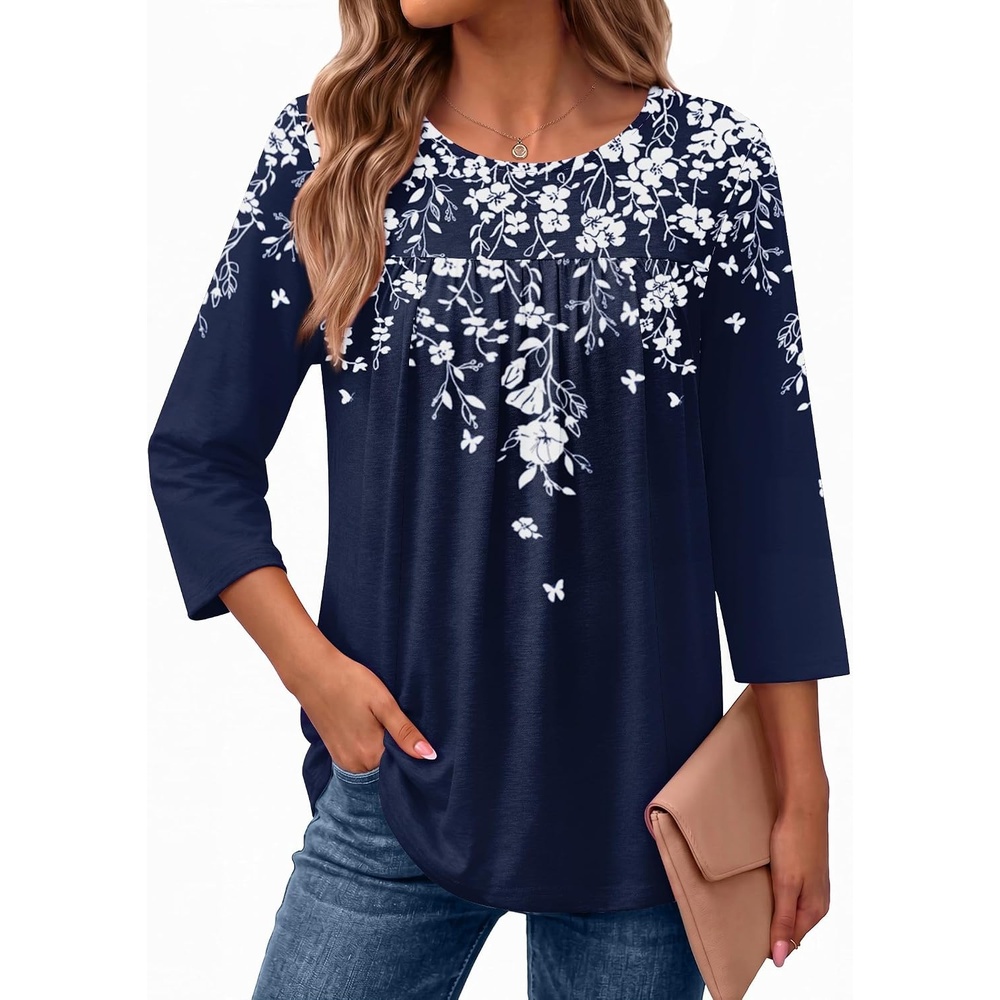 image:imageEkouaer Womens 34 Length Sleeve Tops Boho Blouses Casual Pleated ShirtsNavy Flower