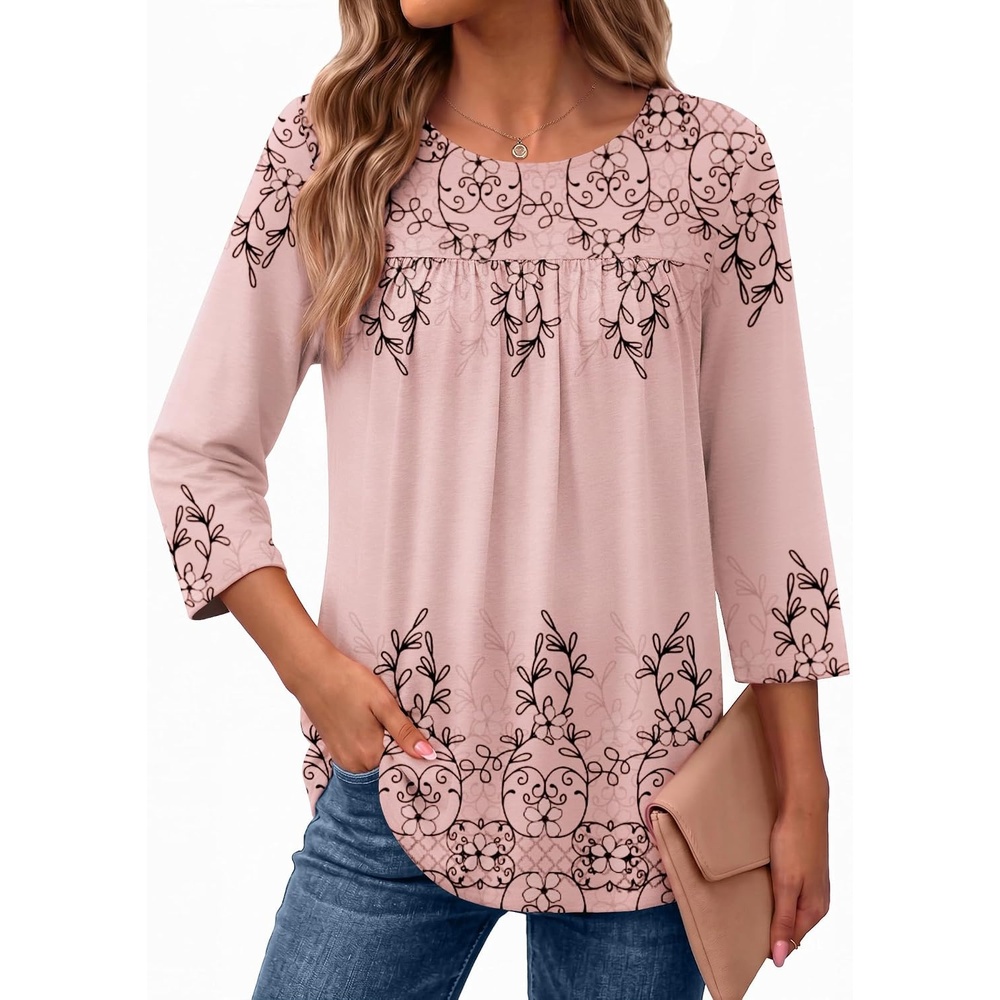 image:imageEkouaer Womens 34 Length Sleeve Tops Boho Blouses Casual Pleated ShirtsPink Flower