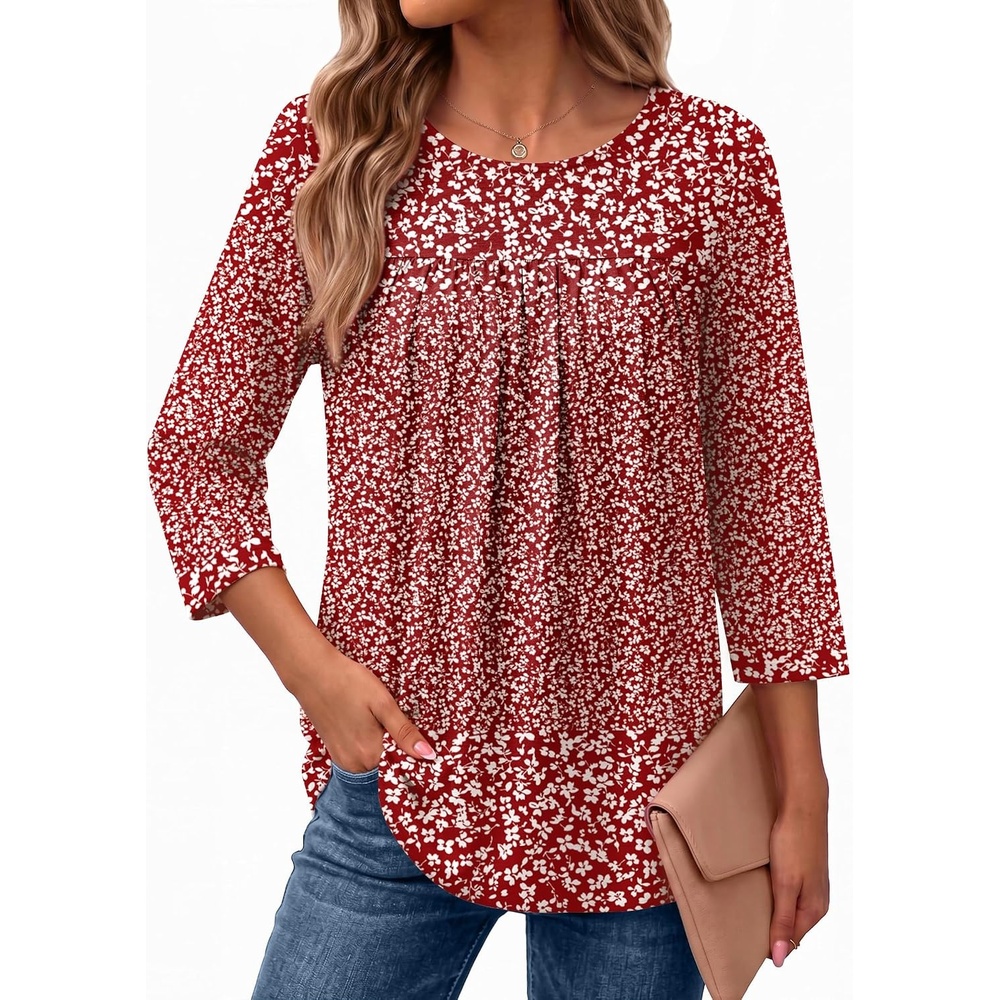 image:imageEkouaer Womens 34 Length Sleeve Tops Boho Blouses Casual Pleated ShirtsRed Flower