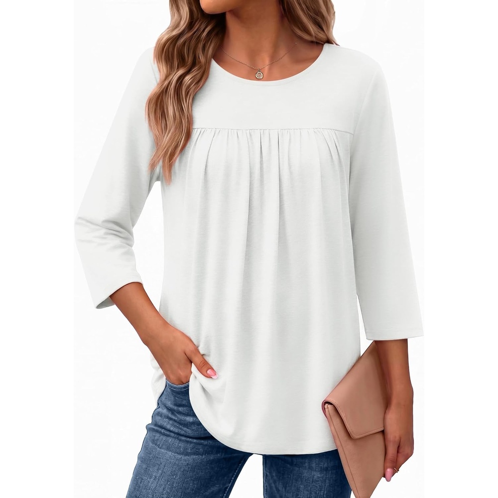image:imageEkouaer Womens 34 Length Sleeve Tops Boho Blouses Casual Pleated ShirtsWhite