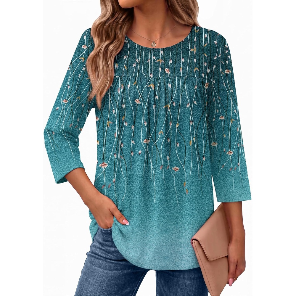 image:imageEkouaer Womens 34 Length Sleeve Tops Boho Blouses Casual Pleated ShirtsWillow Flower
