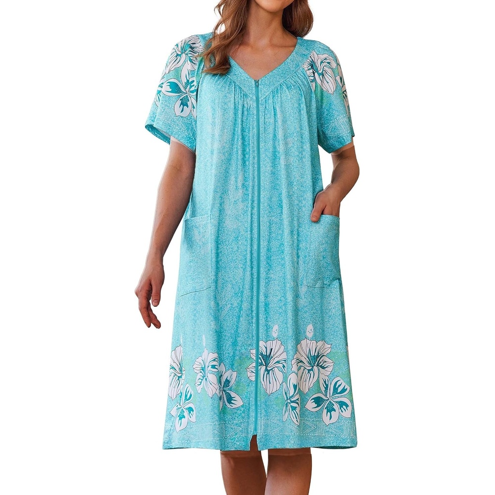 image:imageEkouaer Womens Zipper Front Mumu Duster Robes with Pockets Soft HousecoatA Green Floral