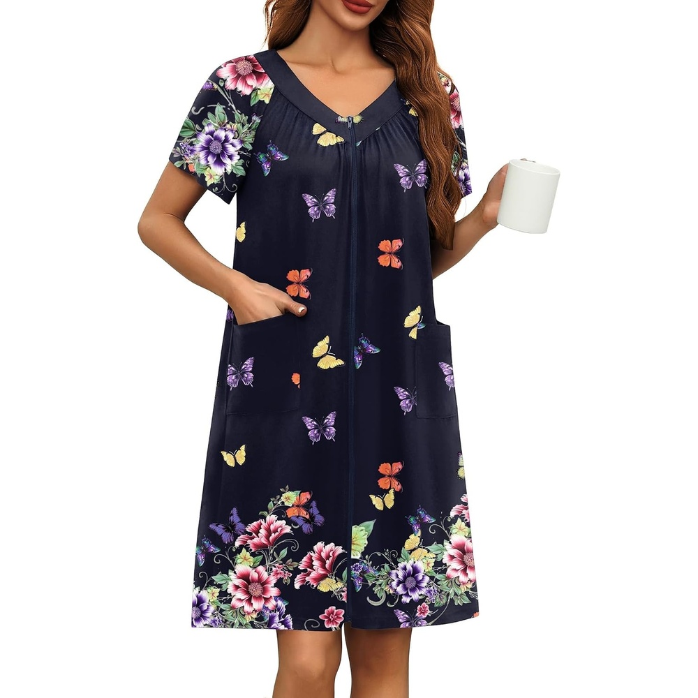 image:imageEkouaer Womens Zipper Front Mumu Duster Robes with Pockets Soft HousecoatColorful Butterfly