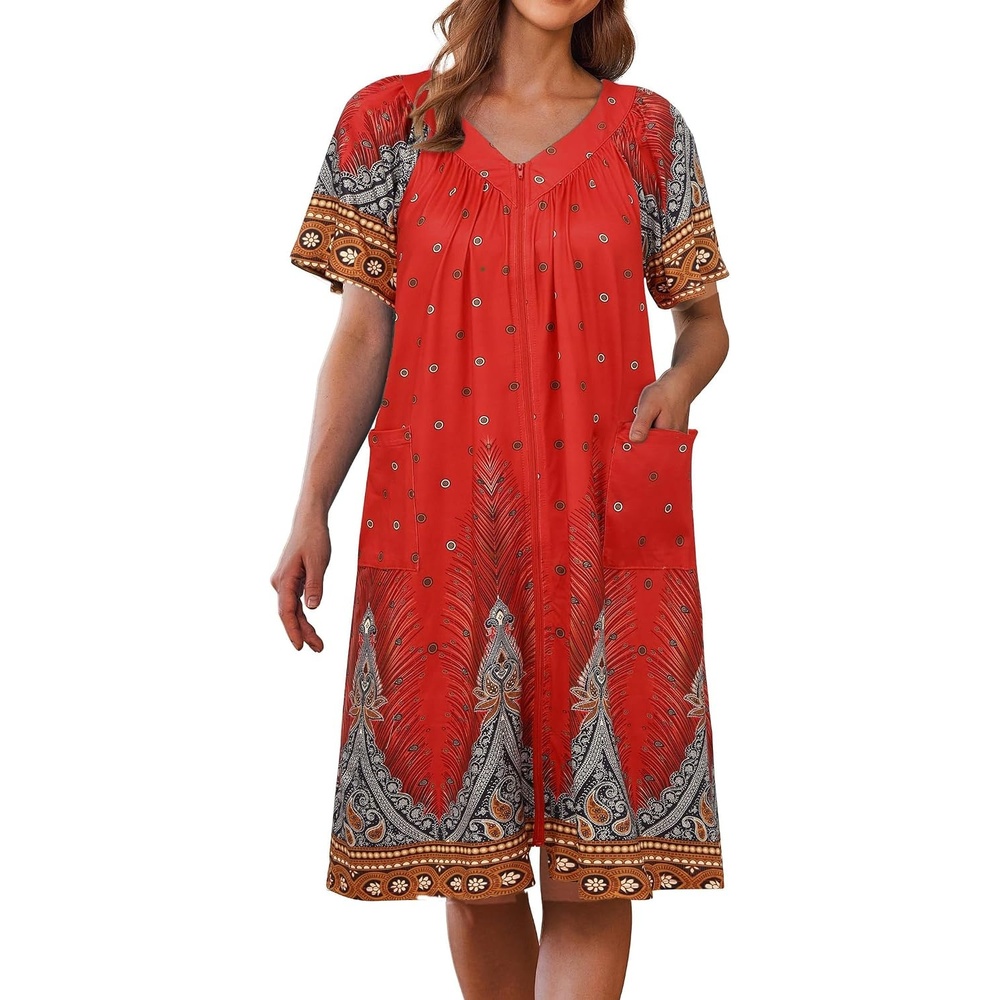 image:imageEkouaer Womens Zipper Front Mumu Duster Robes with Pockets Soft HousecoatFeather Red