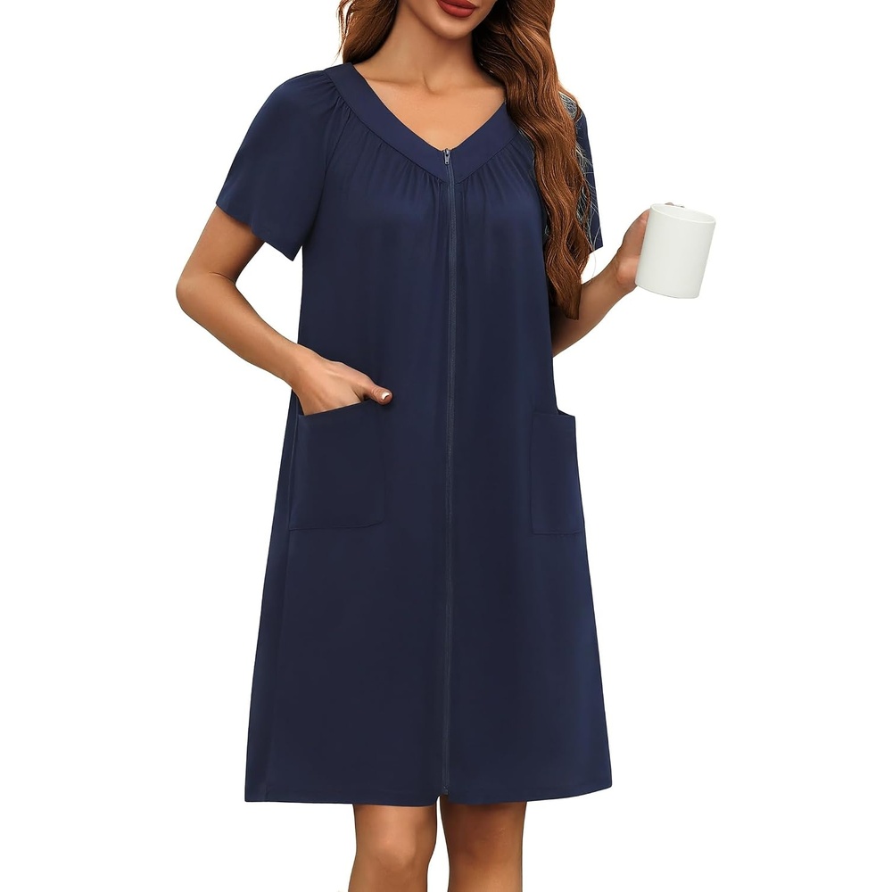 image:imageEkouaer Womens Zipper Front Mumu Duster Robes with Pockets Soft HousecoatNavy Blue